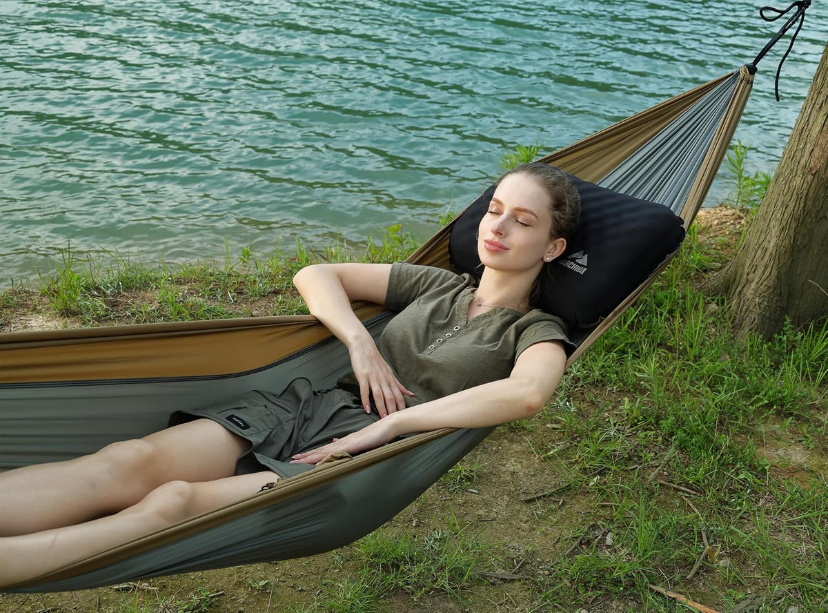 MARCHWAY Inflatable Camping Pillow with Soft Foam Top & TPU Air Bladder, Dual-Sided Support for All-Season, Lightweight Compact Travel Pillow for Hiking, Backpacking, Airplane, Car (Black)