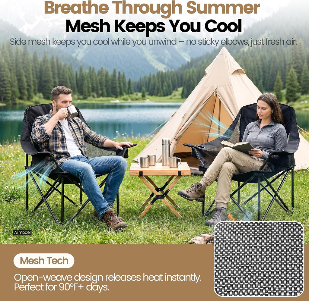 2 Pack Oversized Camping Chairs for Adults & Teens, Heavy Duty 400 LBS Capacity Portable Folding Mesh Lawn Chairs for Camping, Beach, Picnic, Patio, Fishing, RV (Black, Mesh)