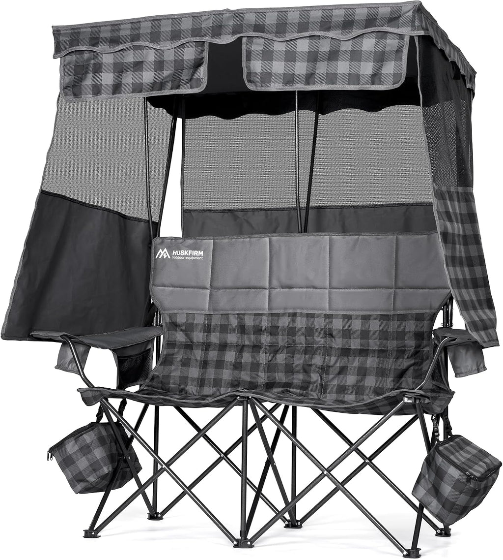 Padded Double Camping Chair With Canopy,Folding Chair Support 450LBS, Grey