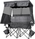 Padded Double Camping Chair With Canopy,Folding Chair Support 450LBS, Grey