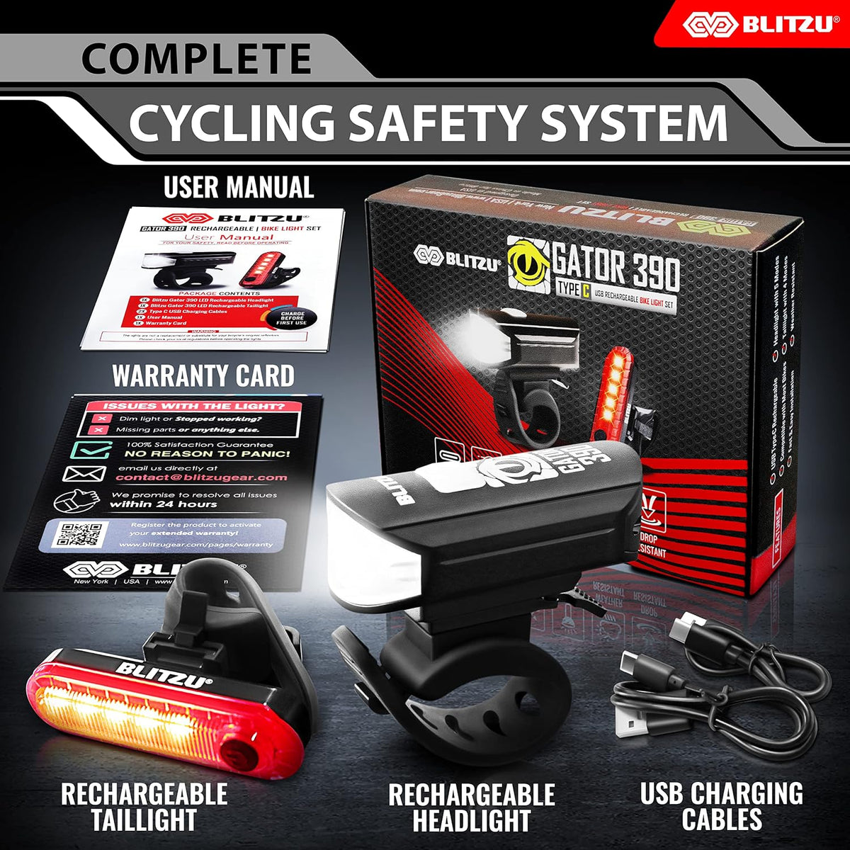 BLITZU Ultra Bright Type-C USB-C Rechargeable Bike Light Set, Bicycle Front Headlight and Back Taillight, Bicycle Accessories for Night Riding, Easy to Install for Men Women Kids Road Mountain Cycling