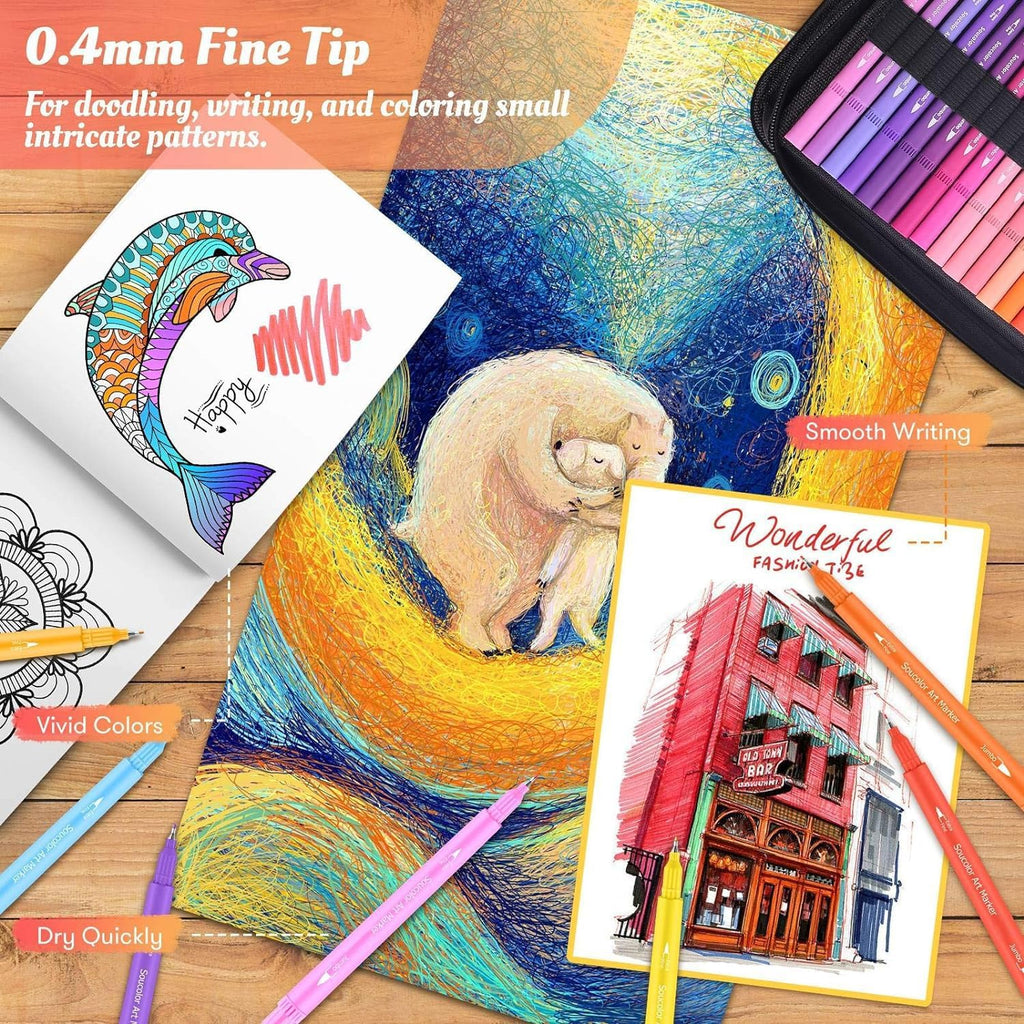 Soucolor 72 Dual Brush Markers Adult Coloring Books,Fine &Brush Double Pens