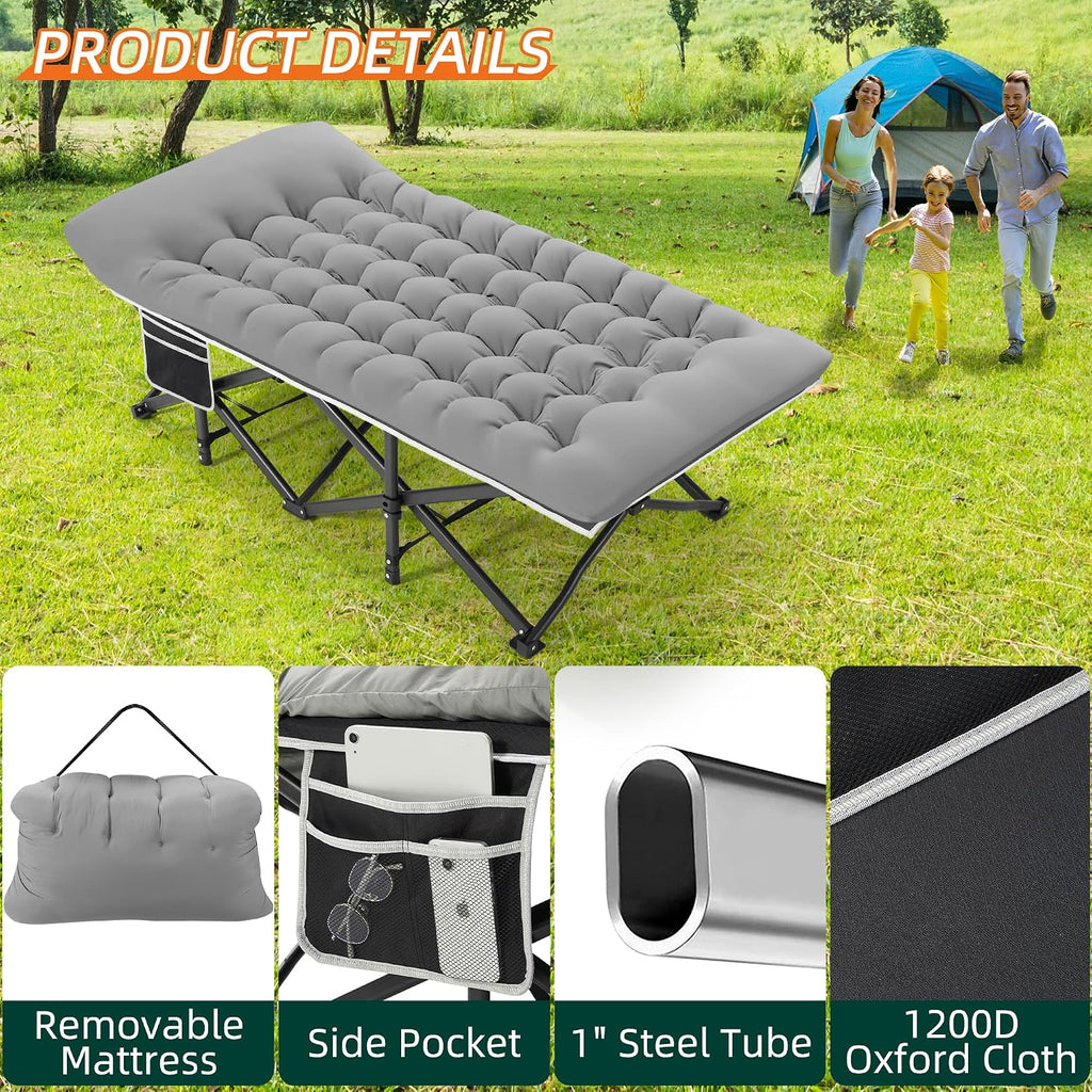 Fragess Portable Camping Cot, 32" Extra Wide Camping Cots for Adults with Thick Mattress, Heavy Duty Sleeping Cot Holds Up to 600LBS, Cots for Sleeping, Rv, Beach, Patio, Office Naps(Grey)