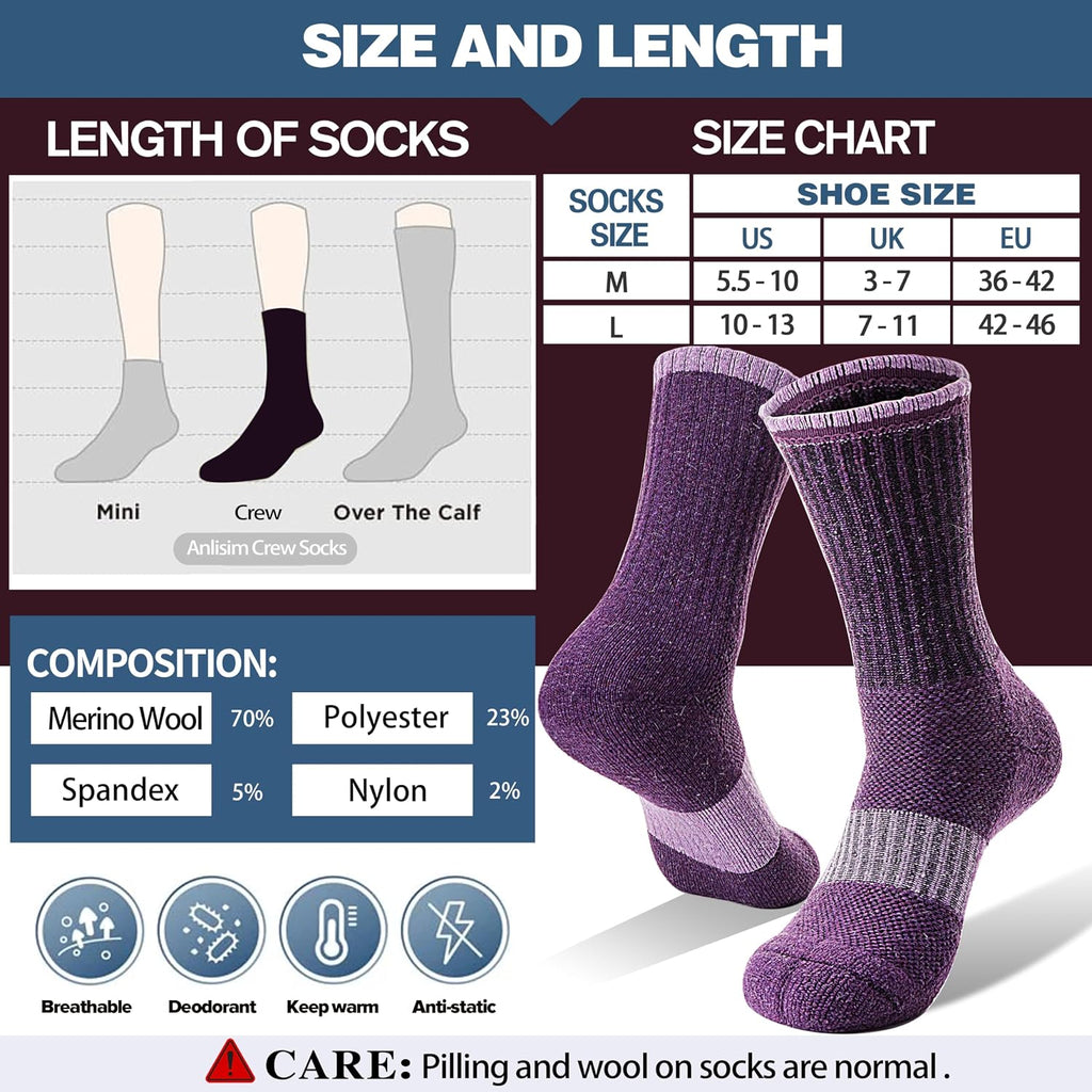 Anlisim Merino Wool Hiking Running Socks for Women, Boot Work Crew Socks