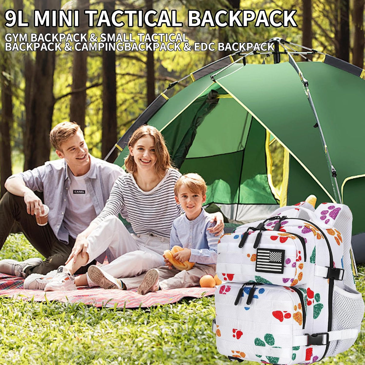 9L Mini Tactical Backpack for Men and Women, Tactical Backpack Small for Hiking, Small Tactical Bag (Colorful Cat's Paw)