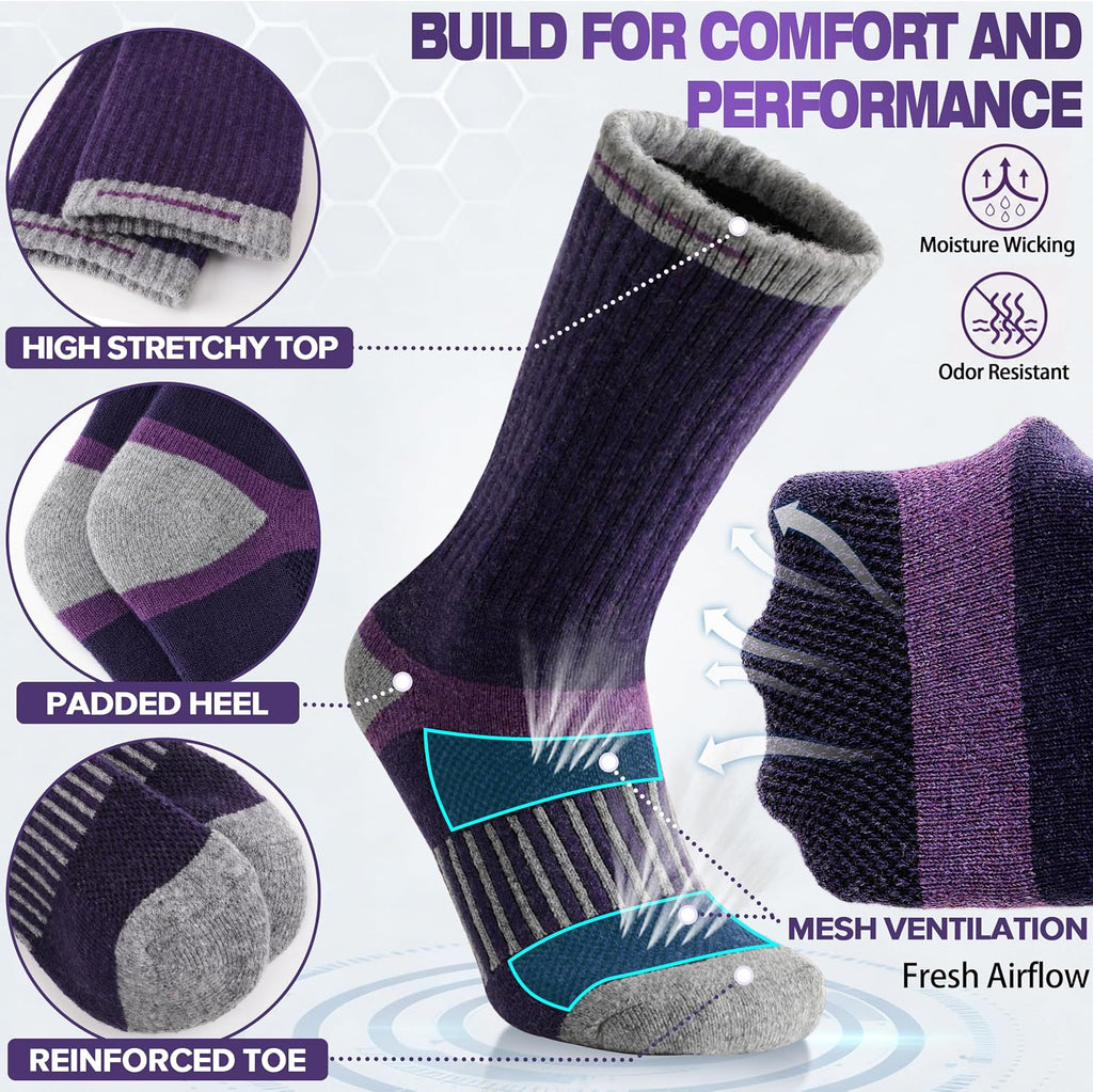 MOGGEI 5 Pairs Merino Wool Hiking Socks Warm Thermal Winter Cozy Cushioned Moisture Wicking Socks for Women & Men