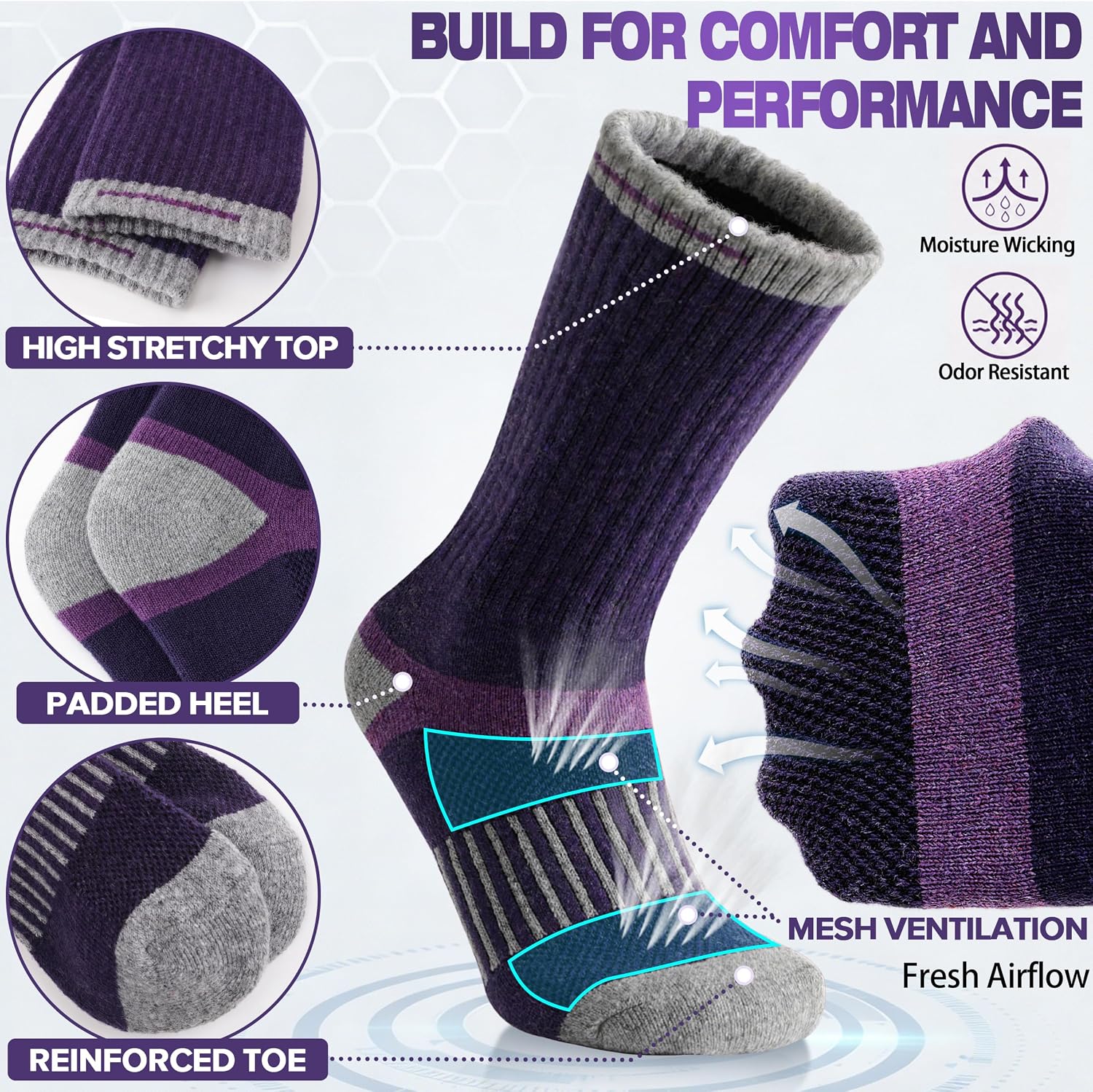 MOGGEI 5 Pairs Merino Wool Hiking Socks Warm Thermal Winter Cozy Cushioned Moisture Wicking Socks for Women & Men