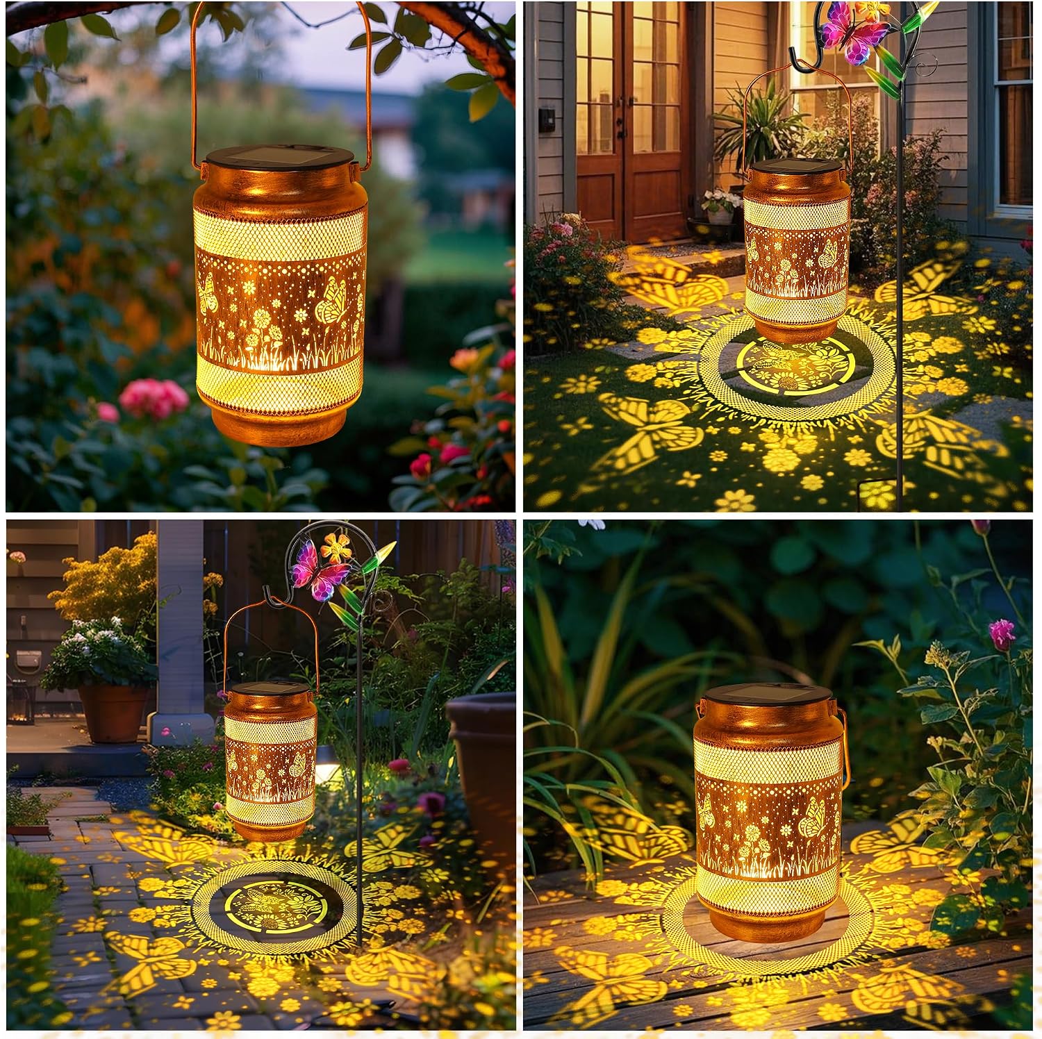 2 Pack Butterfly Solar Lanterns Outdoor Waterproof Solar Garden Decor, Birthday Gifts for Mothers Day Women Mom Grandma, Metal Hanging Lights with Shepherd Hook for Outside Yard Patio Pathway Porch