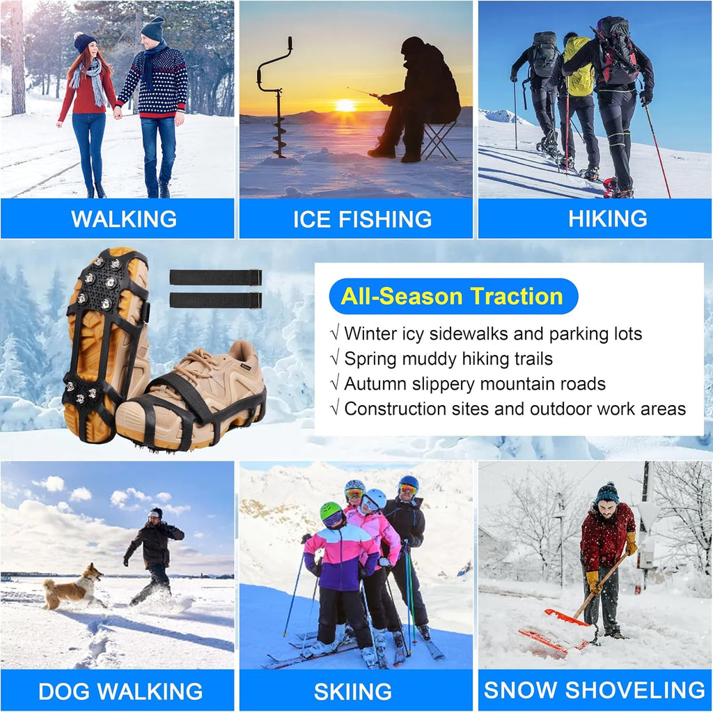 Ice Snow Cleats for Shoes and Boots 9 Studs Crampons Shoe Spikes for Snow and Ice Non-Slip Ice Shoes Grippers with Adjustable Straps Overshoe for Women Men Kids Hiking Walking Ice Fishing