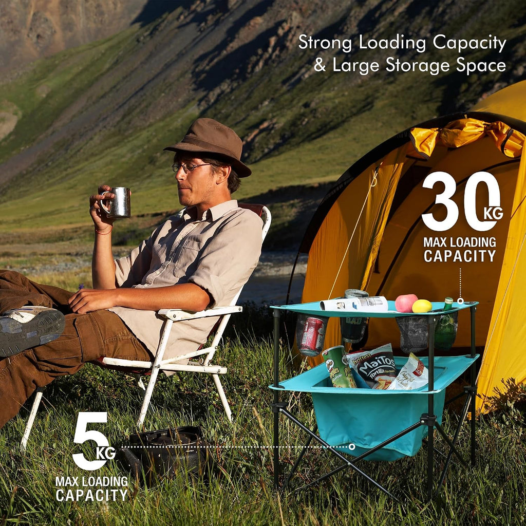 VILLEY Folding Camping Table, Double-Layer Beach Table with Storage