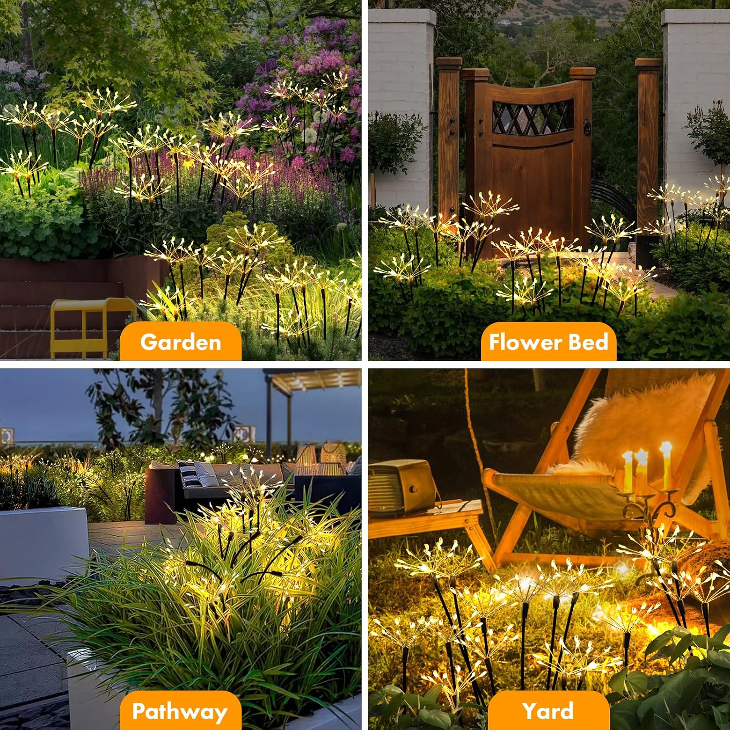 Kwaiffeo Solar Garden Lights 120 LED Decorative Firework Lights 2-Pack Warm