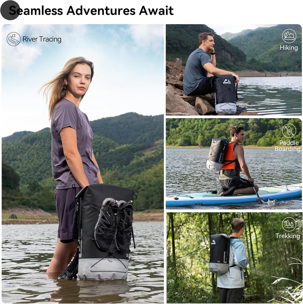 MARCHWAY Floating Roll Top Dry Bag, Flexible Lightweight TPU-coated Nylon Waterproof Backpack 20L/30L/40L with Padded Straps for Boating, Kayaking, Swimming, Hiking, Beach (Black, 30L)