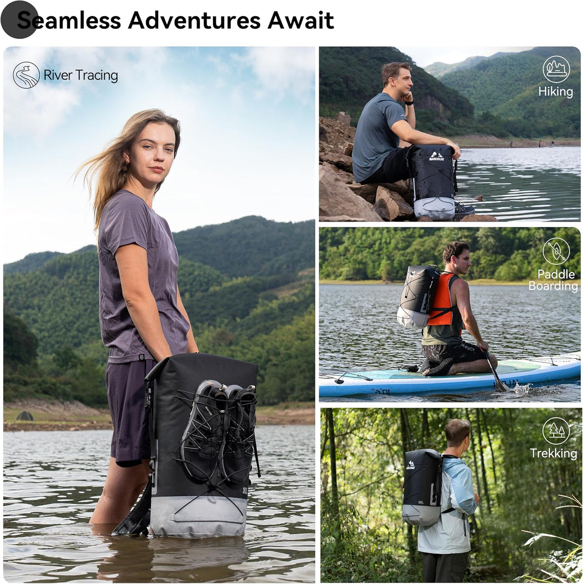 MARCHWAY Floating Roll Top Dry Bag, Flexible Lightweight TPU-coated Nylon Waterproof Backpack 20L/30L/40L with Padded Straps for Boating, Kayaking, Swimming, Hiking, Beach (Black, 30L)