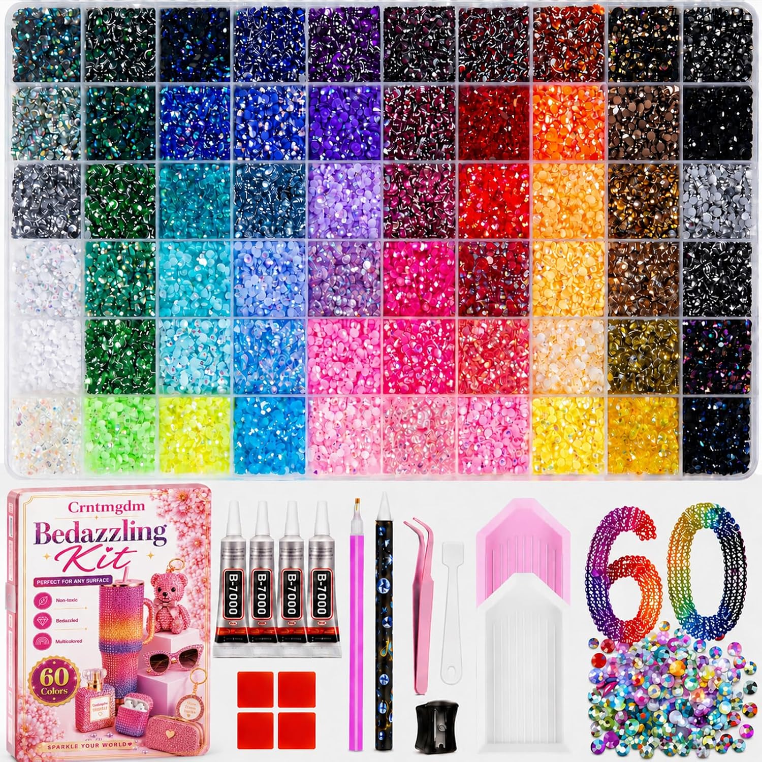 Bedazzling Kit 48000 Pcs, 60 Colors Rhinestone Kit, 3mm Flat Back Resin Rhinestones with B7000 Glue & Tools, All-in-One DIY Craft Kit for Nail Art, Phone Case, Shoes, Scrapbook & Creative Gifts
