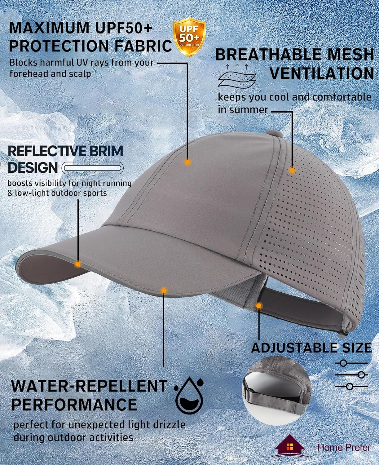 Home Prefer Reflective Water Repellent Quick Dry Airy UPF50+ Sun Hat for Men Women Outdoor Sports Baseball Caps Unisex
