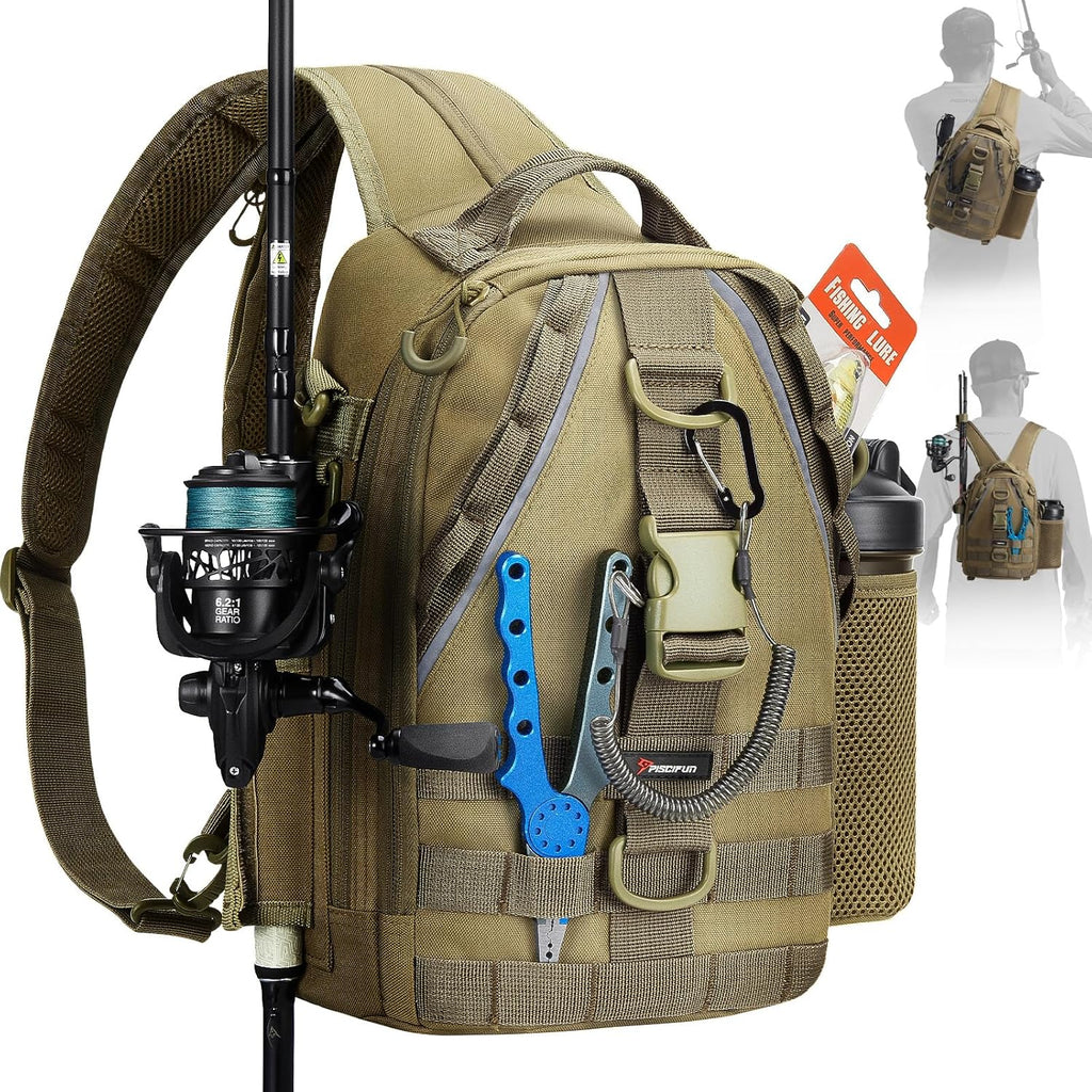 Piscifun Fishing Backpack, Rod Holders, Lightweight Sling Bag, Khaki