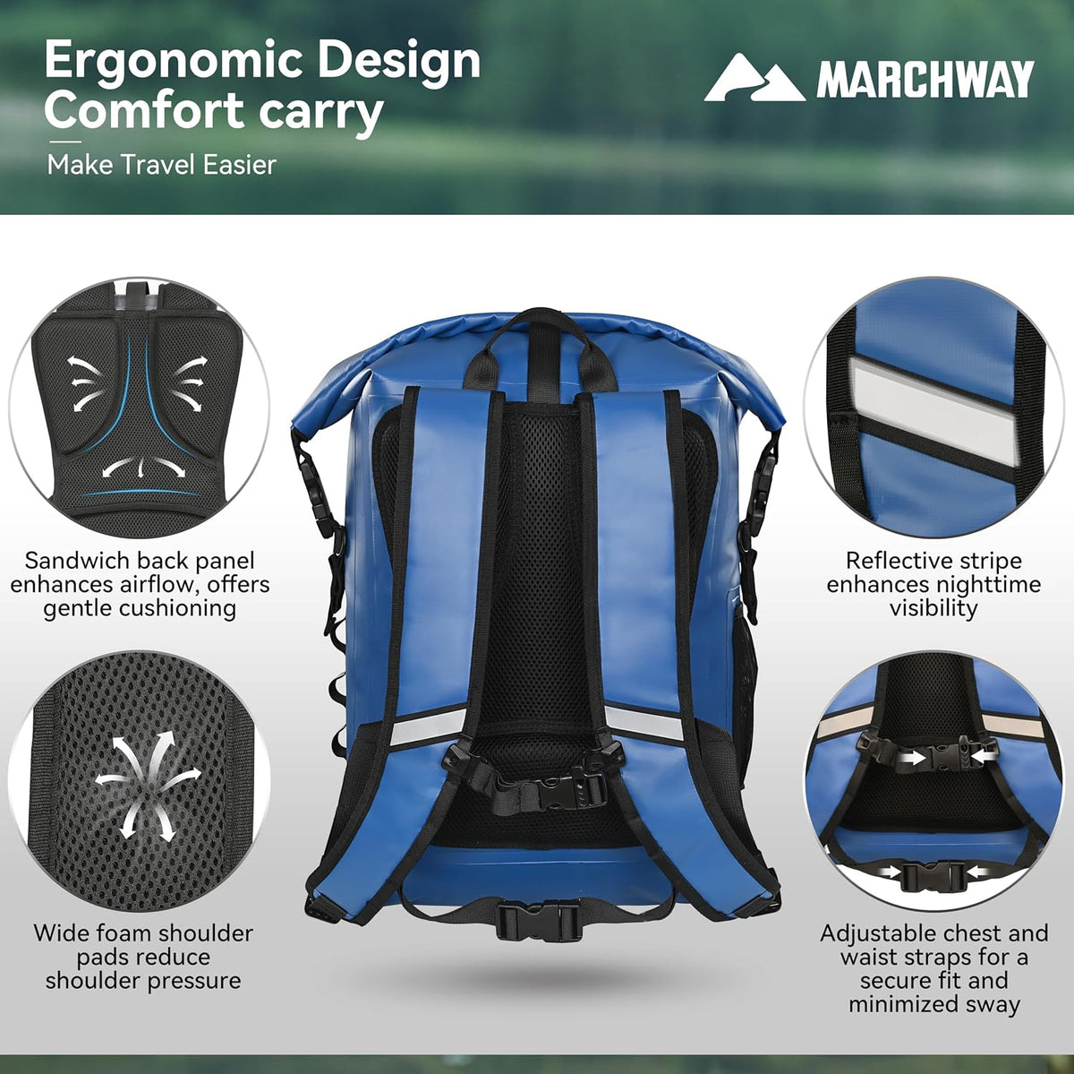 MARCHWAY Roll Top Waterproof Backpack, Floating Dry Bag 20L/30L/45L with Ergonomic Rectangular Base, Cushioned Back, Hip Strap for Hiking Camping Kayaking Travel (Blue, 20L)