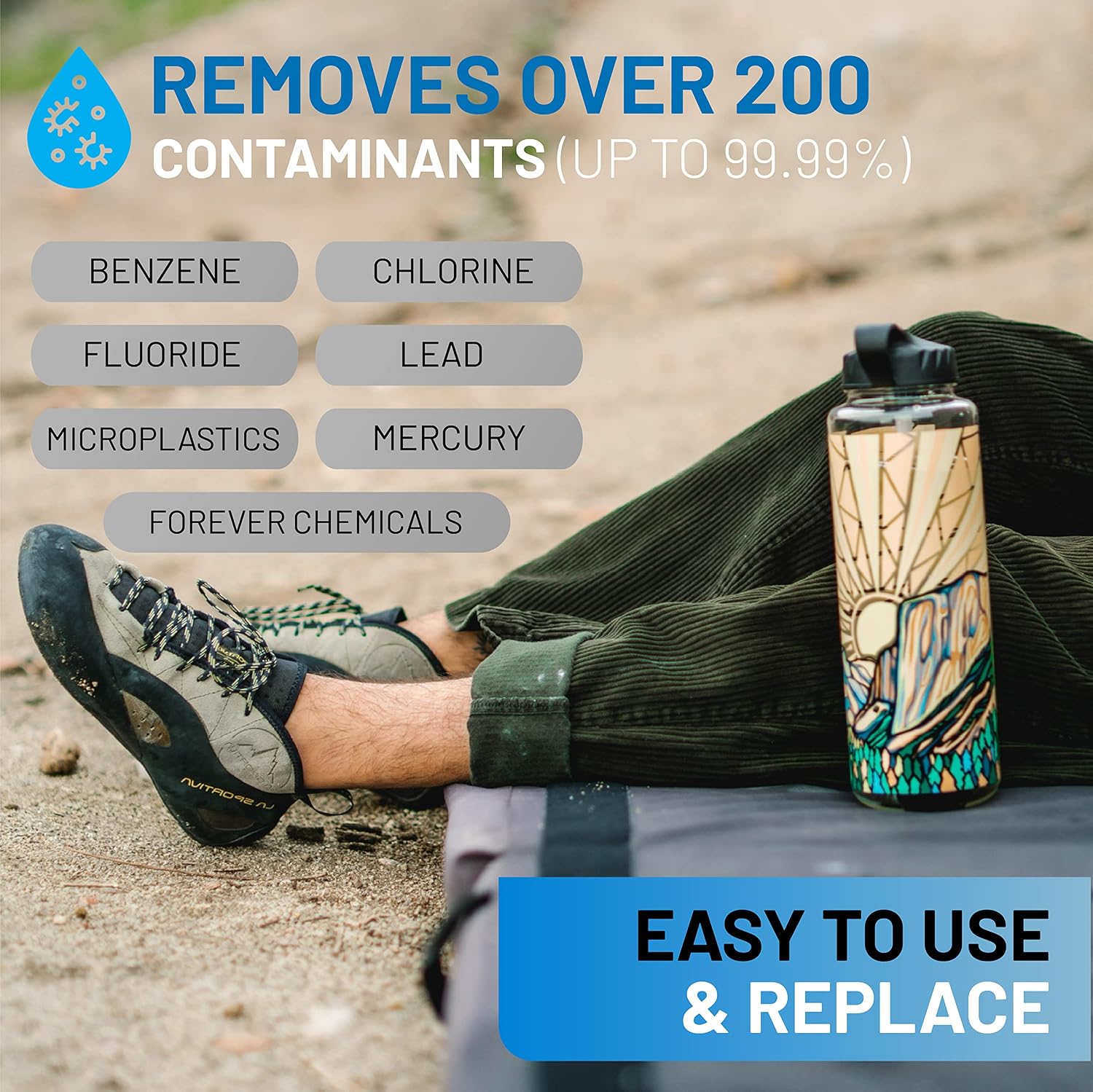 Epic Water Filters Nalgene OG Water Bottle with Filter, USA Made, BPA Free, Removes 99.99% Tap Water Contaminants, Forever Chemicals, Honnold Foundation Art, 48 oz