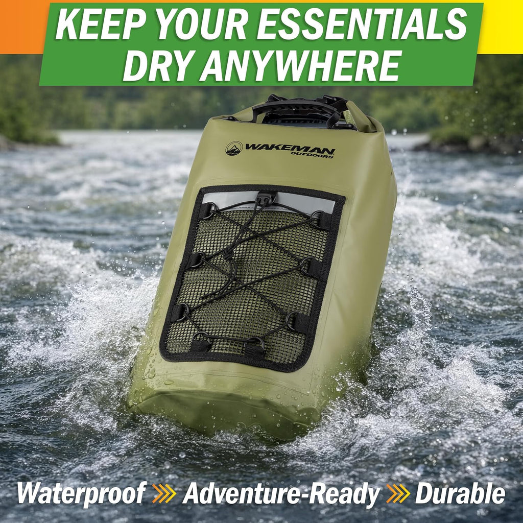 Wakeman Waterproof Dry Bag - 30L Roll Top Lightweight Waterproof Backpack for Men or Women with Phone Case and Mesh Pocket - Kayaking, Boating, Swimming, Camping or Fishing Gear Outdoors (Green)