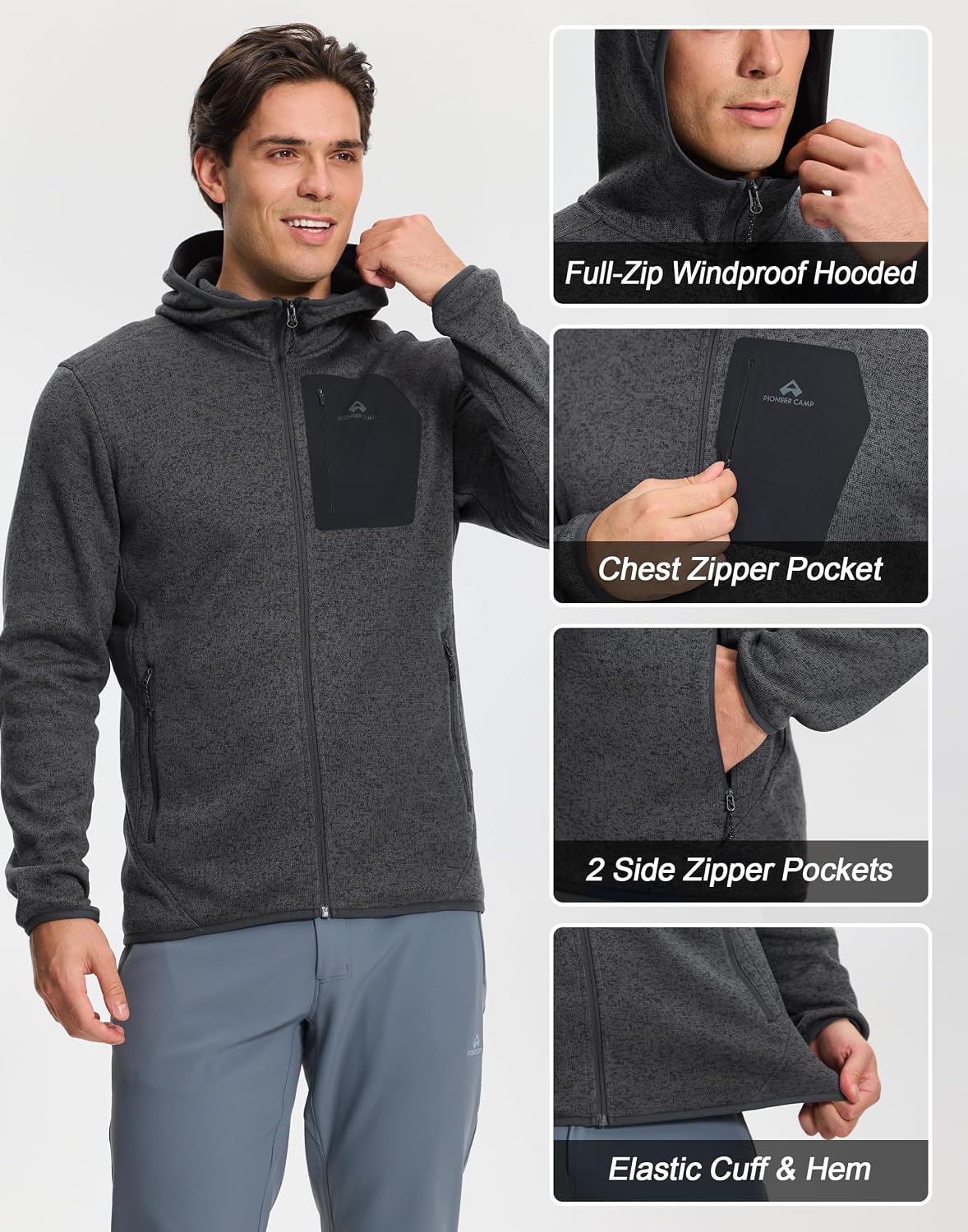 Pioneer Camp Men's Hooded Sweater Fleece Jacket Full Zip Hiking Mid Layer
