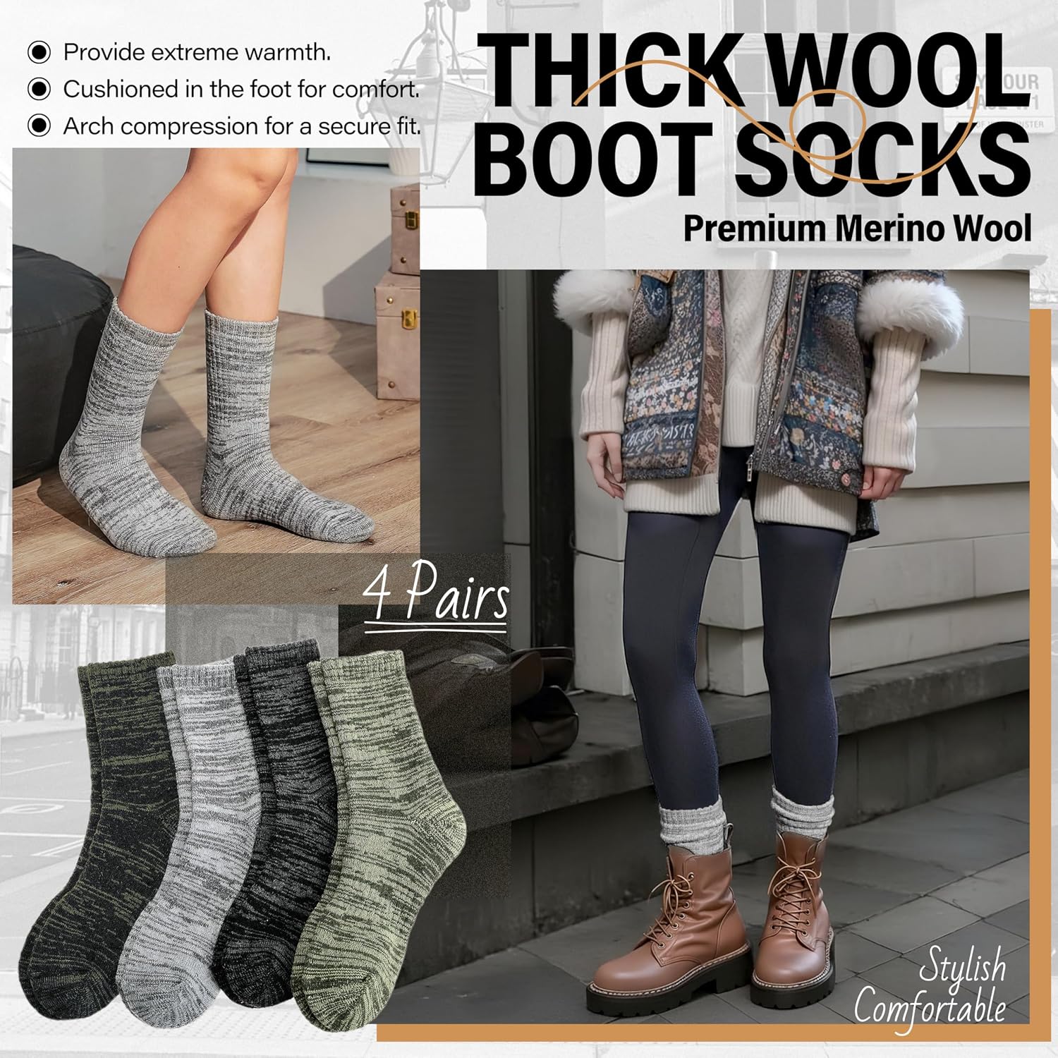 Anlisim Merino Wool Hiking Socks, Boot Crew Work Socks for Women Men