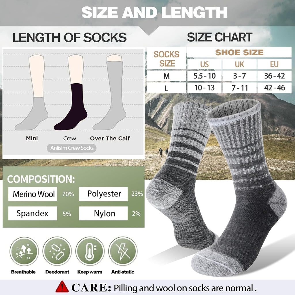 Anlisim Merino Wool Hiking Running Socks for Women, Boot Work Crew Socks