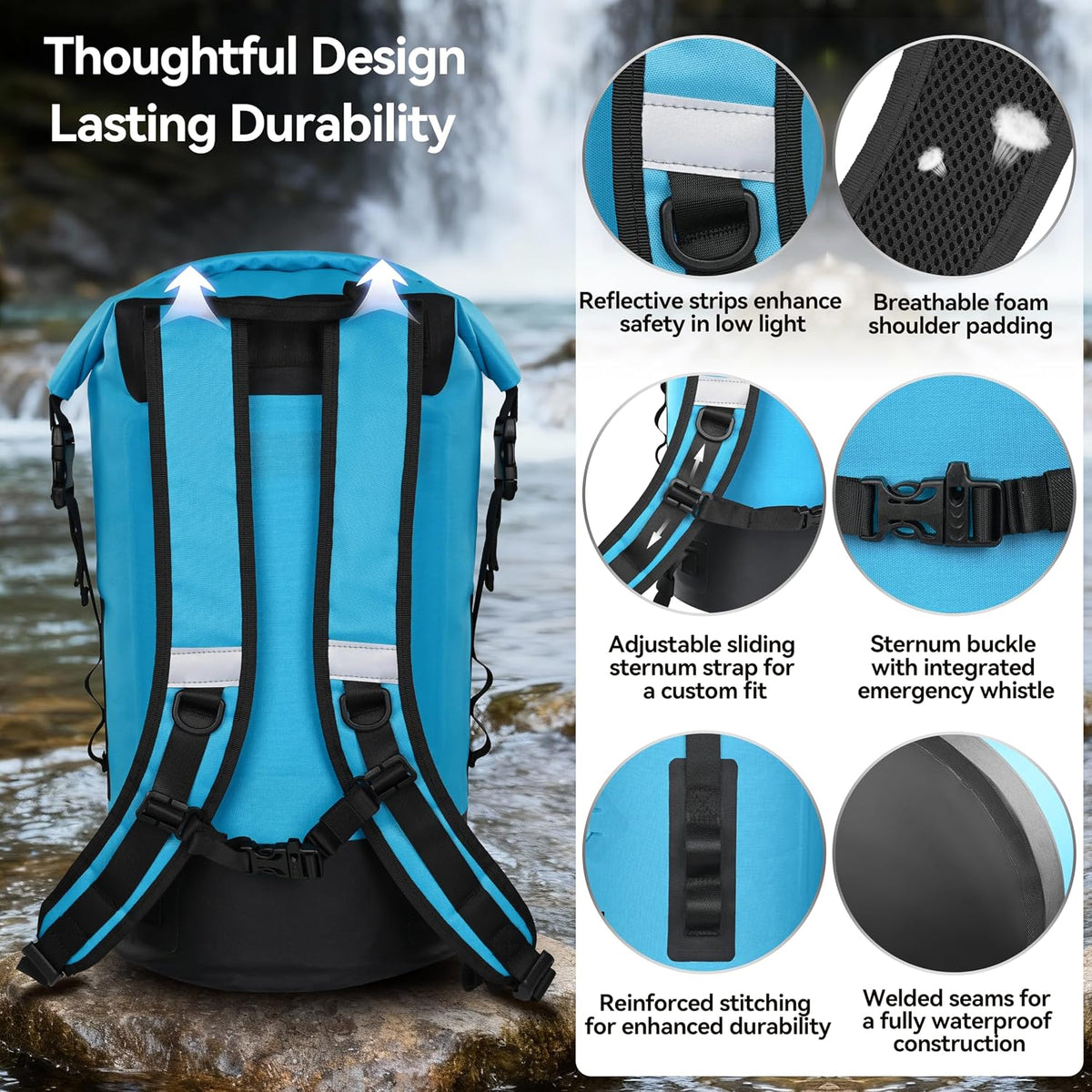 MARCHWAY Floating Roll Top Dry Bag, Flexible Lightweight TPU-coated Nylon Waterproof Backpack 20L/30L/40L with Padded Straps for Boating, Kayaking, Swimming, Hiking, Beach (Blue, 30L)