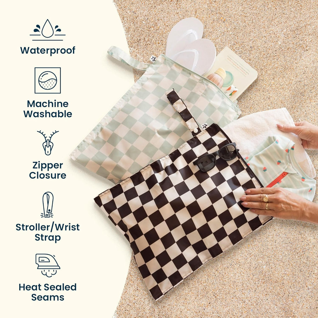Tiny Twinkle Mess Proof Wet Bags | 1-Pack Reusable Waterproof Wet Bags for Swimsuits | Baby Clothes | Travel & Diaper Bag (Sage Checkers)