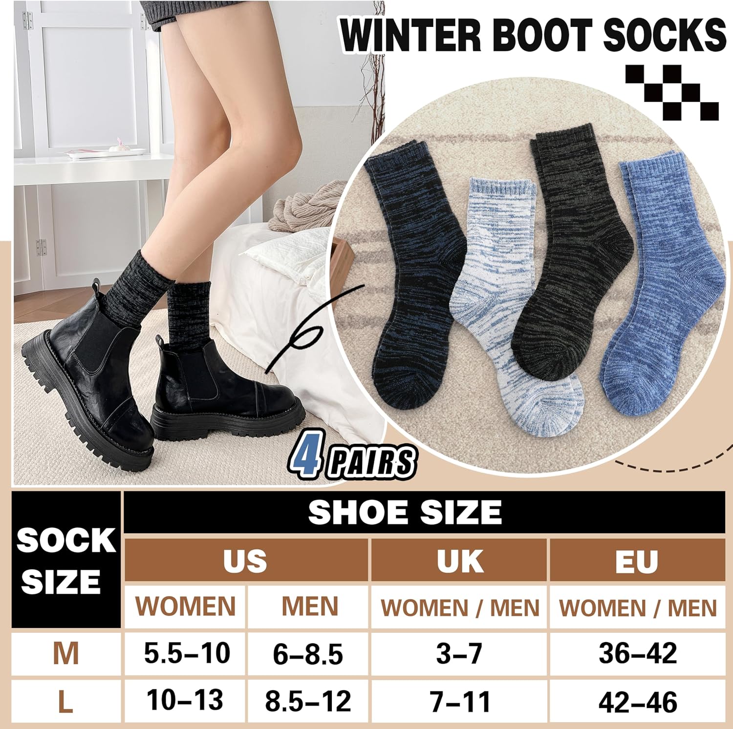 EBMORE Merino Wool Thermal Warm Winter Socks for Women Men