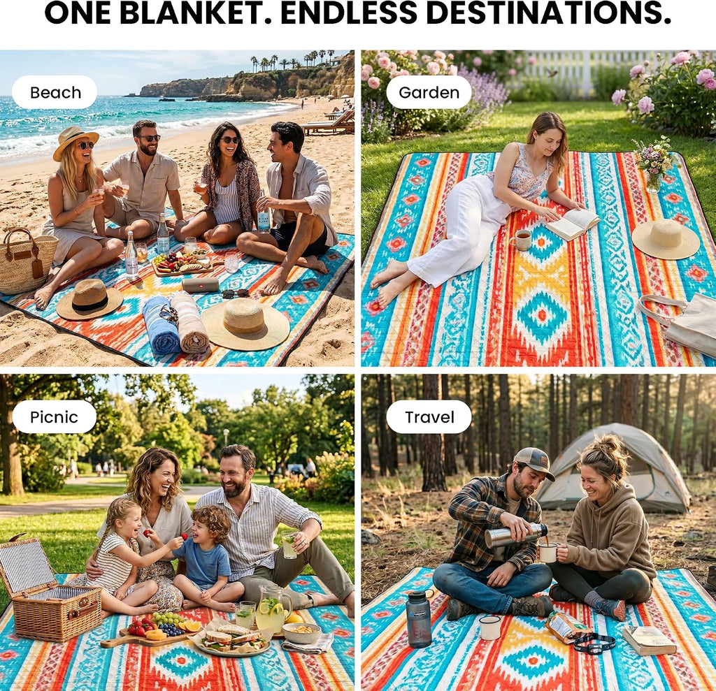 Picnic Blanket Waterproof 80”x80” Extra Large Beach Blanket for 6-8 People, Foldable Outdoor Blanket with Boho Southwestern Design for Camping, Travel, Park & Lawn