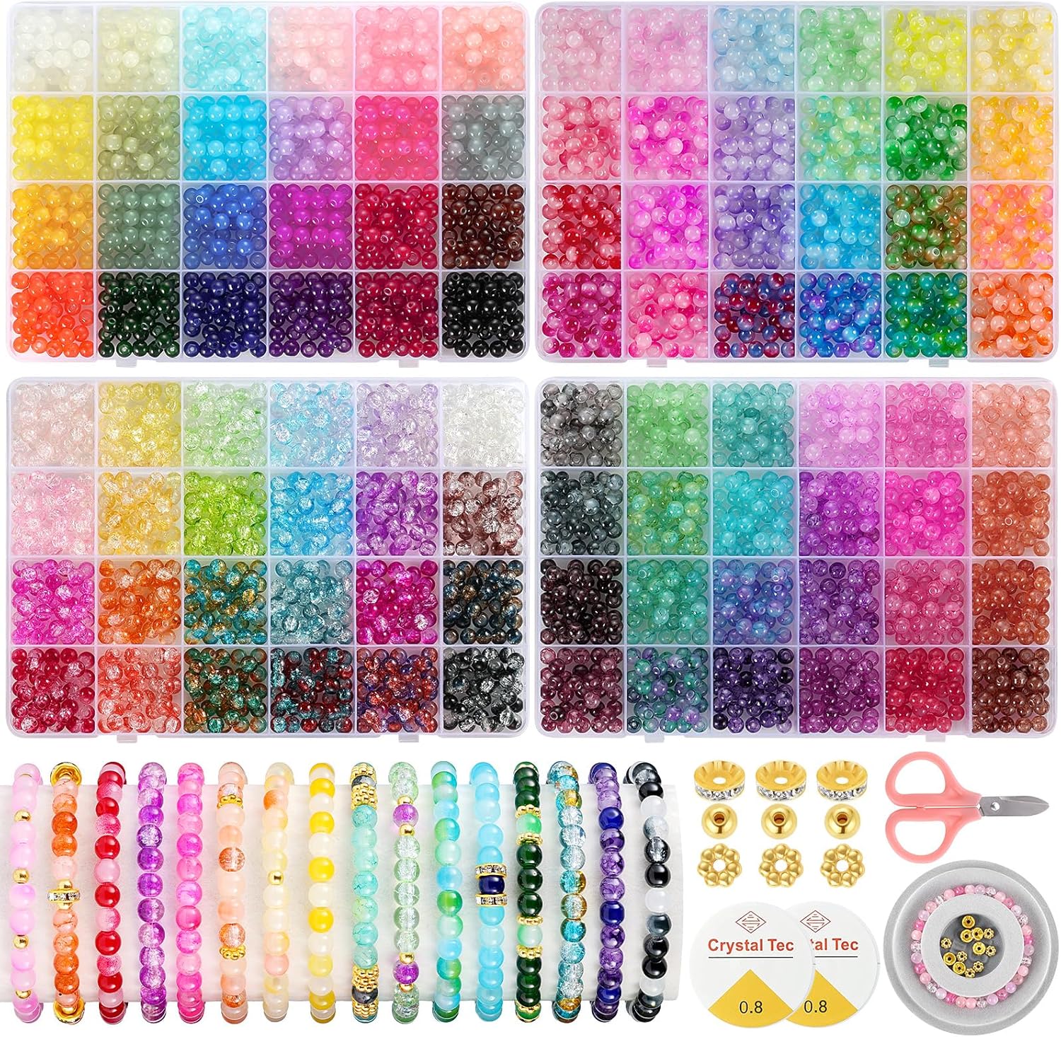 3524pcs Glass Beads Bracelet Making Kit, 4 Types 96 Colors 6mm Glass Beads