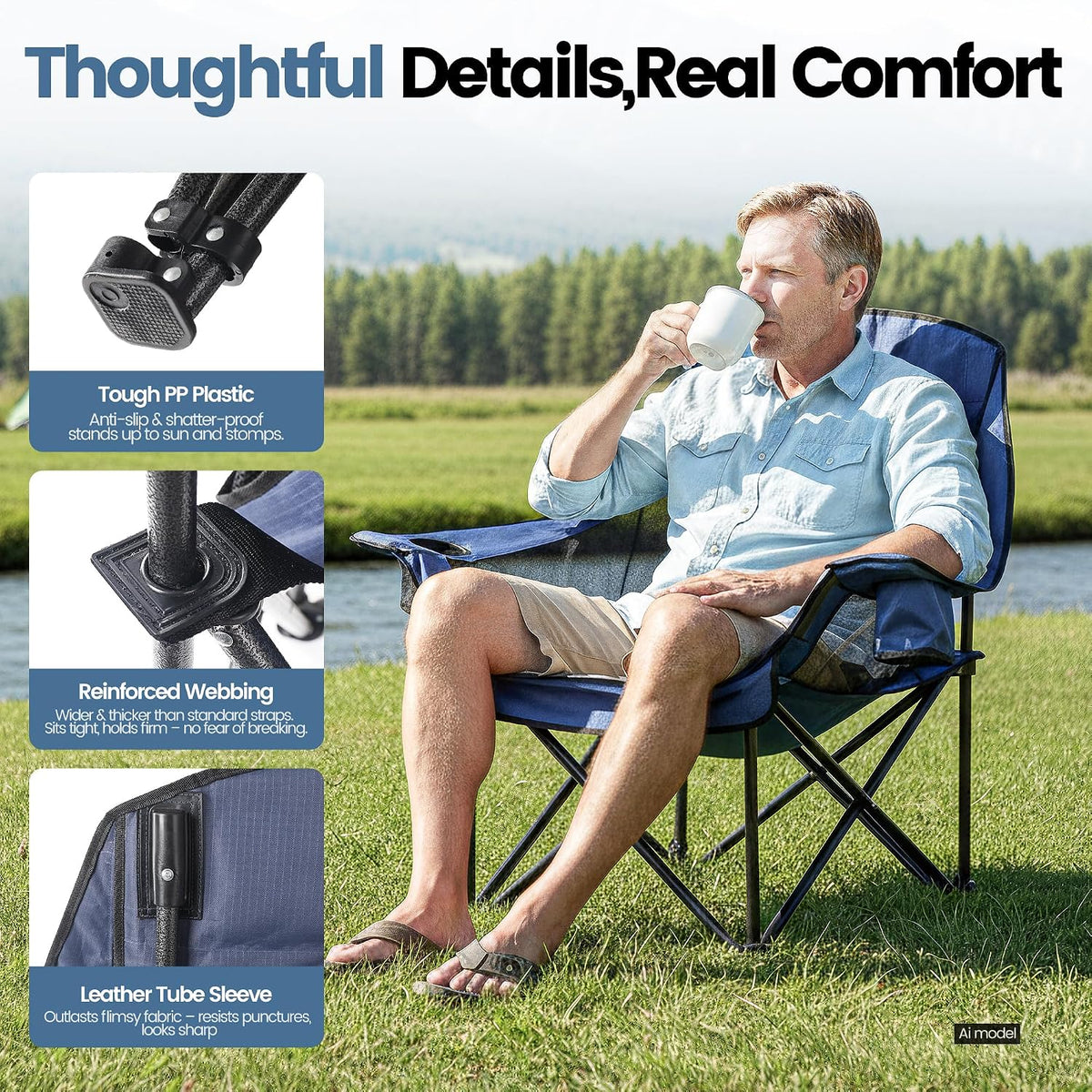 2 Pack Oversized Camping Chairs for Adults & Teens, Heavy Duty 400 LBS Capacity Portable Folding Mesh Lawn Chairs for Camping, Beach, Picnic, Patio, Fishing, RV (Navy Blue, Mesh)