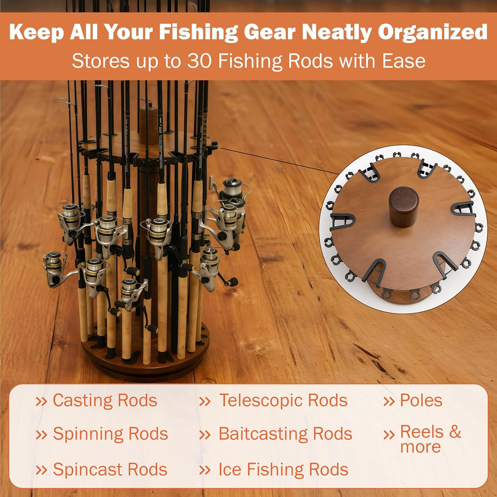 30-Fishing Rod Spinning Wood Storage Rack – Dark Stain