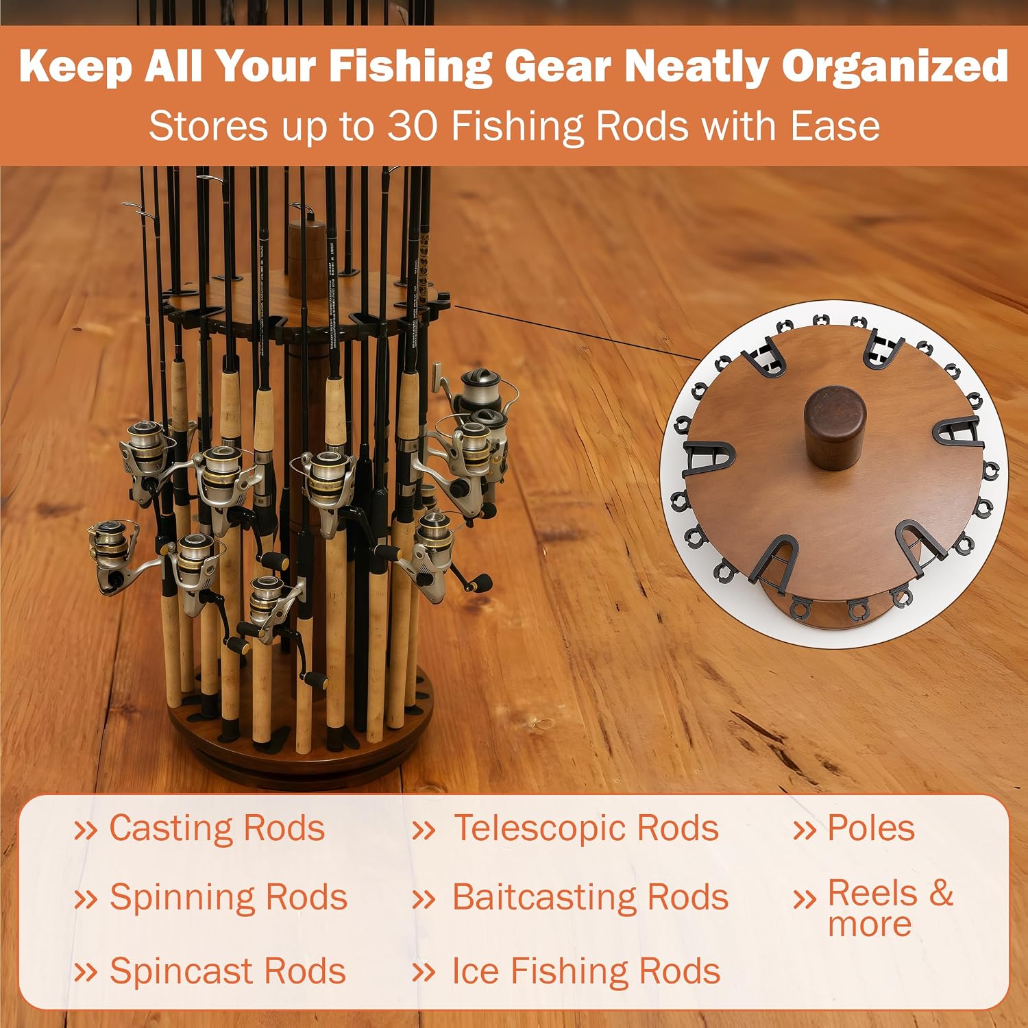30-Fishing Rod Spinning Wood Storage Rack – Dark Stain