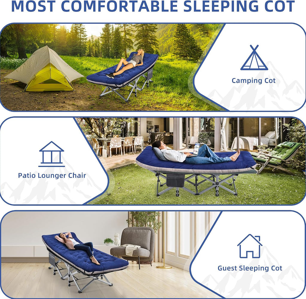 Fragess Camping Cot, Sleeping Cots, Portable Camping cots with Cushion, Pillow and Carry Bag, 1200D Double Layer Oxford, 600 LBS Weight Capacity Cots for Sleeping (Blue)