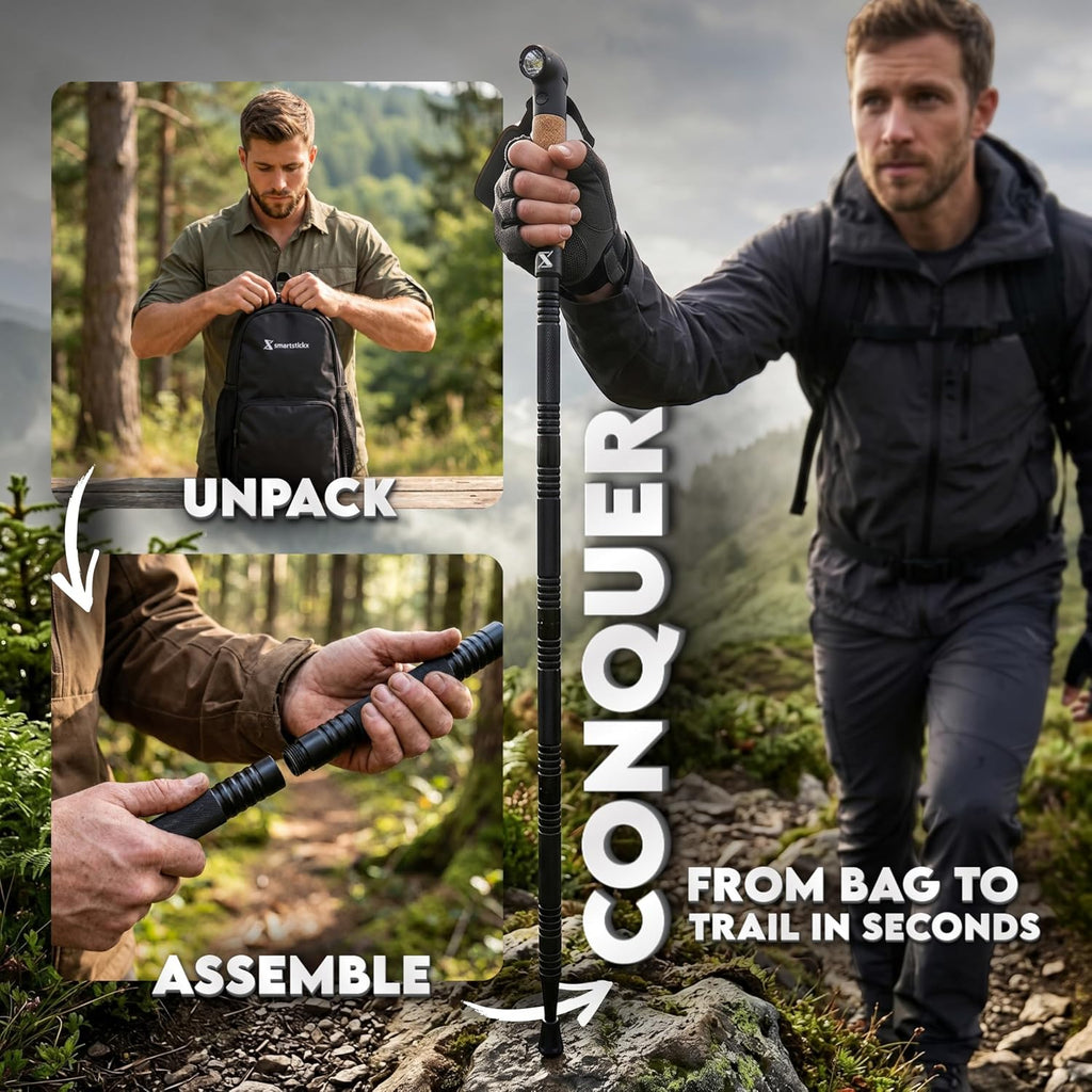 Tactical Hiking & Walking Stick - Survival Multi-Tool w/Light & Power Bank