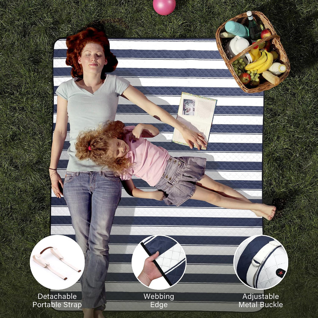 HX&OD Outdoor Picnic Blanket Extra Large, 80”x60” Waterproof Picnic Mat Foldable Camping Blanket Portable with Carry Strap for Beach Mat (Bule)