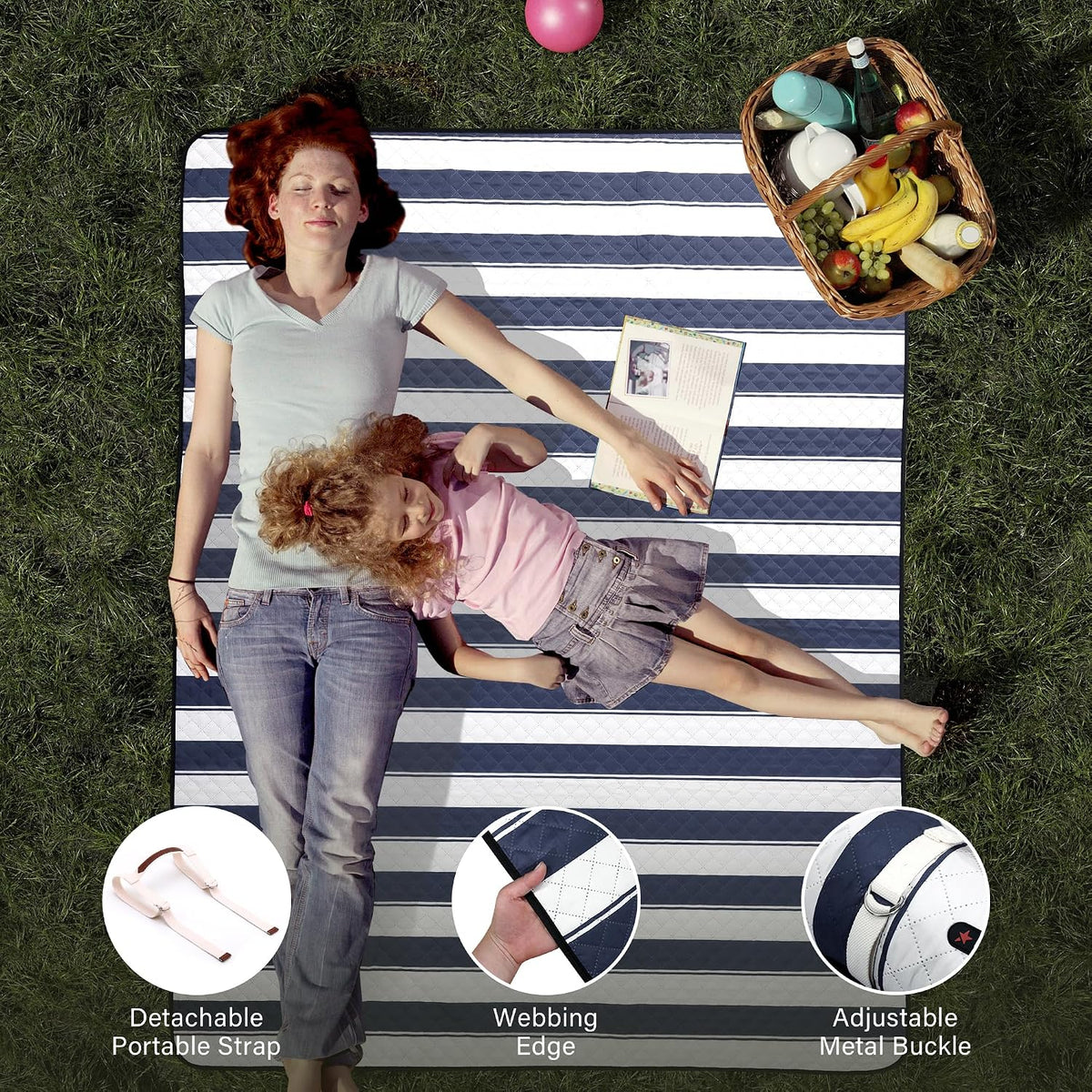 HX&OD Outdoor Picnic Blanket Extra Large, 80”x60” Waterproof Picnic Mat Foldable Camping Blanket Portable with Carry Strap for Beach Mat (Bule)
