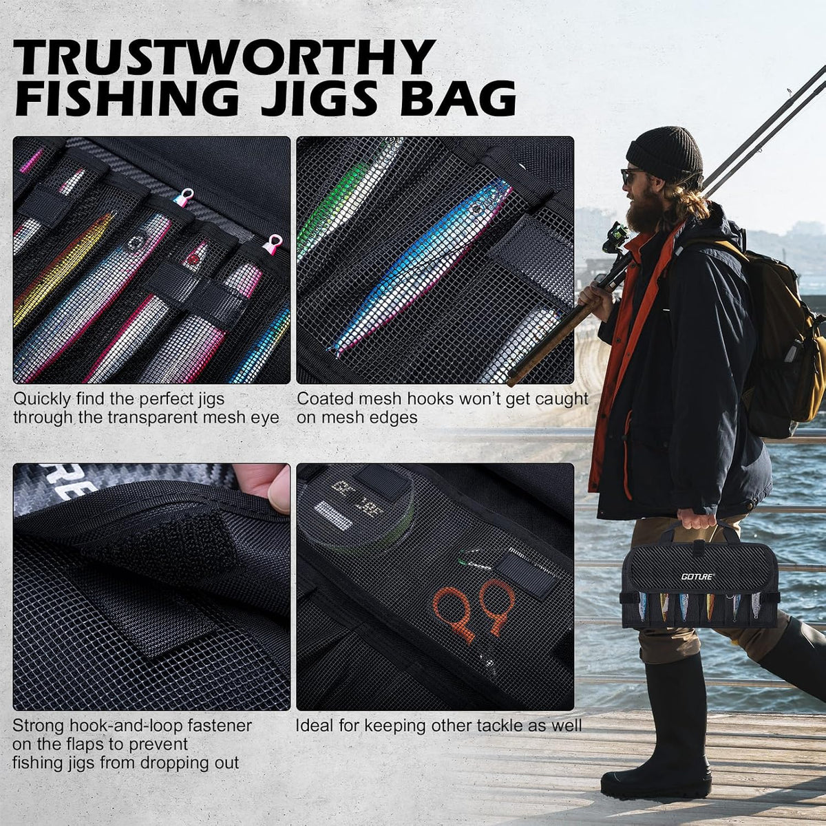 Goture Fishing Jig Bag,20 Mesh Pockets Lure Storage Bag,12.99"x7.09"