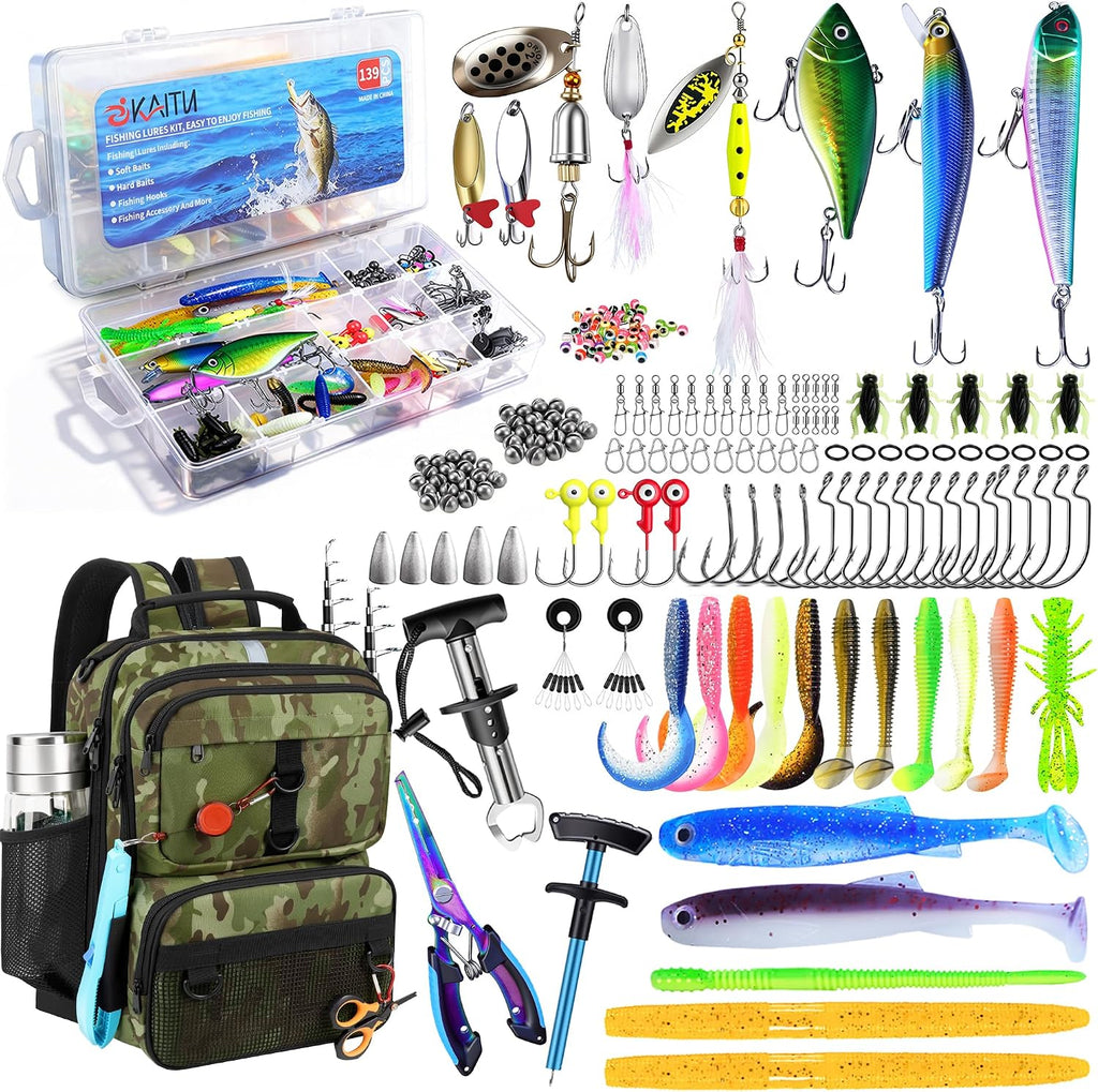 Fishing Backpack with Tackle Boxes and Rod Holder, Fish Lure Kit and Tool