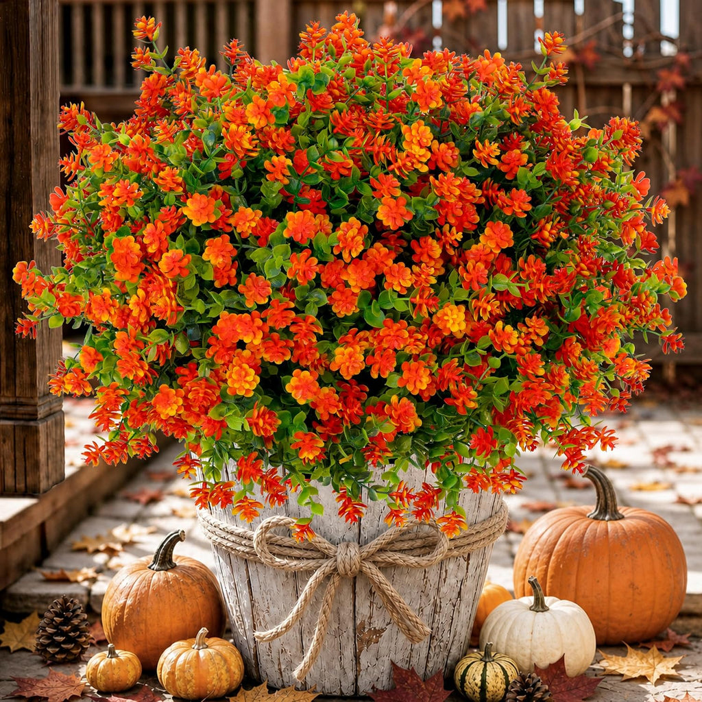 AXYLEX Artificial Mums for Outdoors, Fake Fall Flowers (Red Orange)