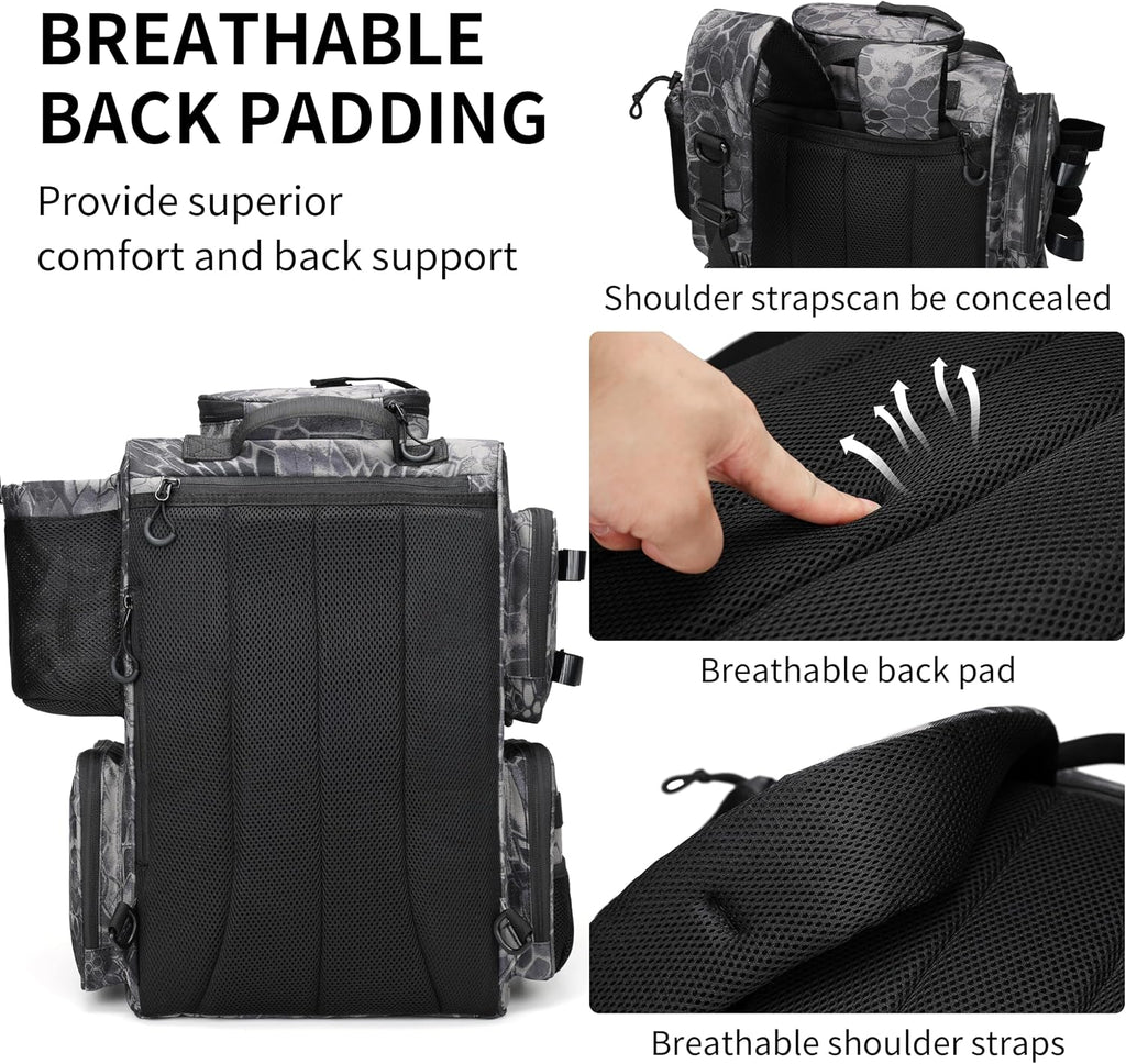 Rabjen Fishing Tackle Backpack with Rod Holders, Bottle Holder, Storage Bag Store Fishing Gear