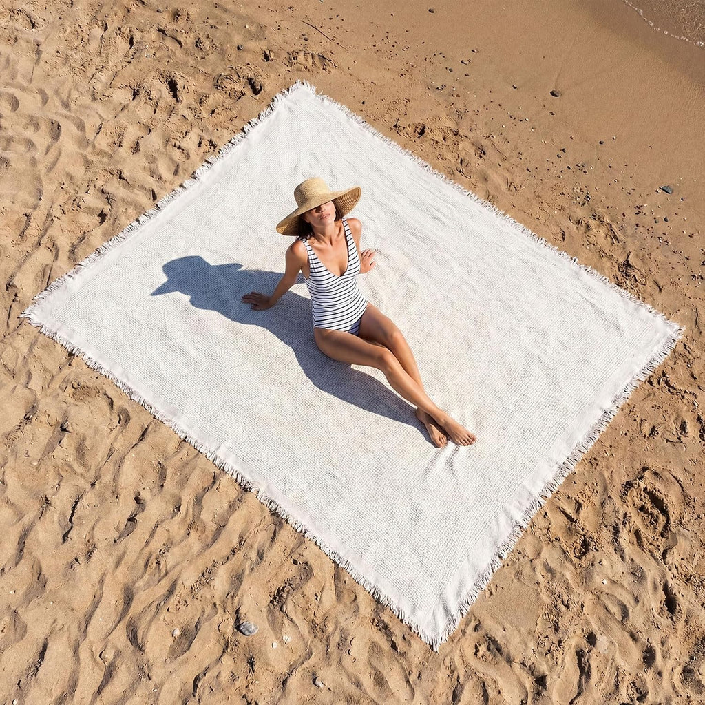 91x71 in Beach Blanket Picnic Blanket Cotton, Milky White, Waffle