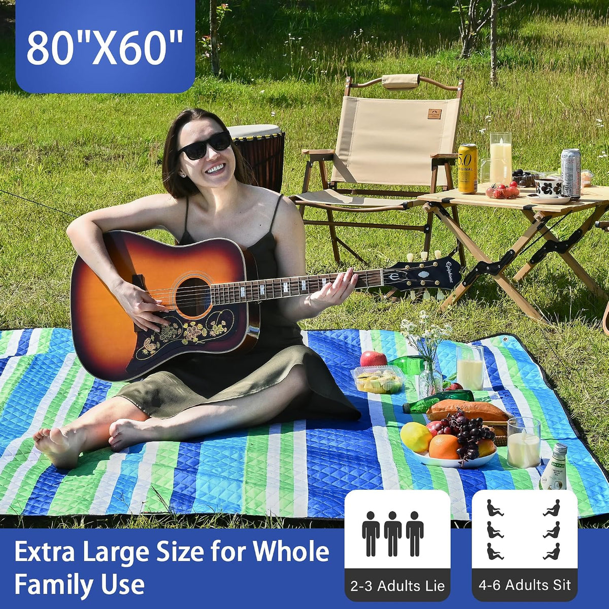 HX&OD Outdoor Picnic Blanket Extra Large, 80''*60'' Waterproof Picnic Mat with Stakes Foldable Camping Blanket Portable with Carry Strap for Beach Mat (Green& White, 80''*60'')