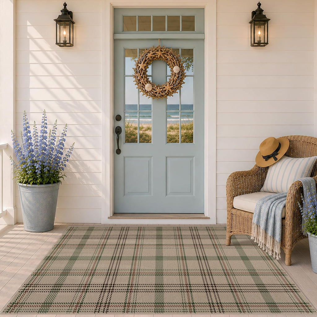 JTJ Easy Jute Outdoor Rug 3x5, Washable Farmhouse Plaid for Front Porch and Entryway, Non Slip Mat for Kitchen, Mudroom and Indoor Spaces, Sage Green