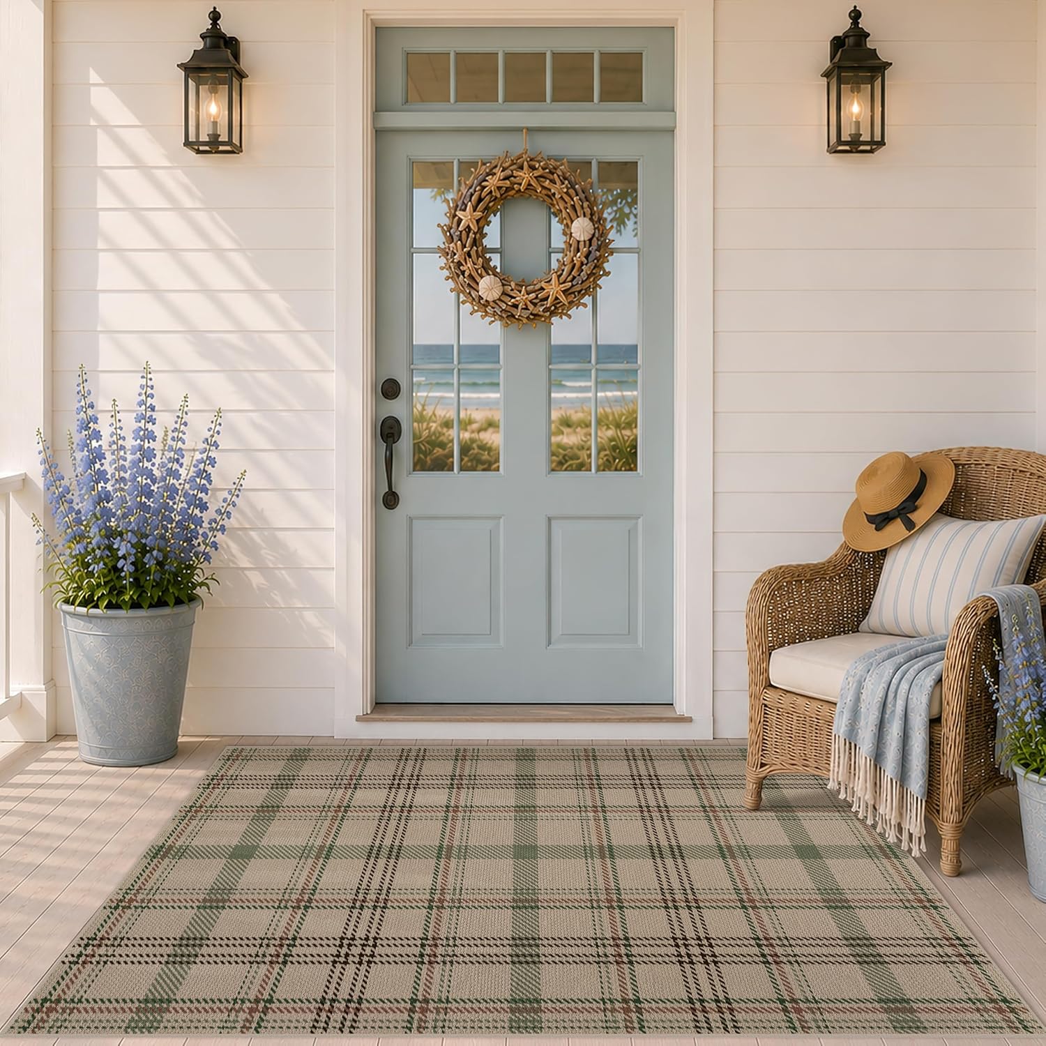 JTJ Easy Jute Outdoor Rug 3x5, Washable Farmhouse Plaid for Front Porch and Entryway, Non Slip Mat for Kitchen, Mudroom and Indoor Spaces, Sage Green