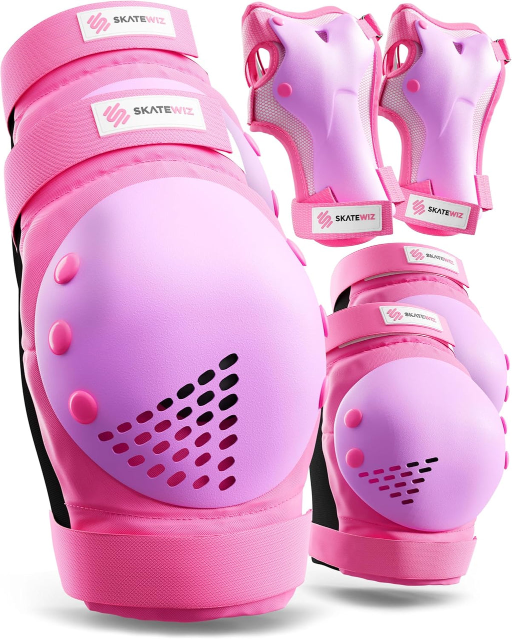 SKATEWIZ Skateboard Pads Protective Gear Set for Kids and Adults - Smash - Roller Skate Pads [6pc] with Wrist Guards - Skating Protective Gear - Roller Derby
