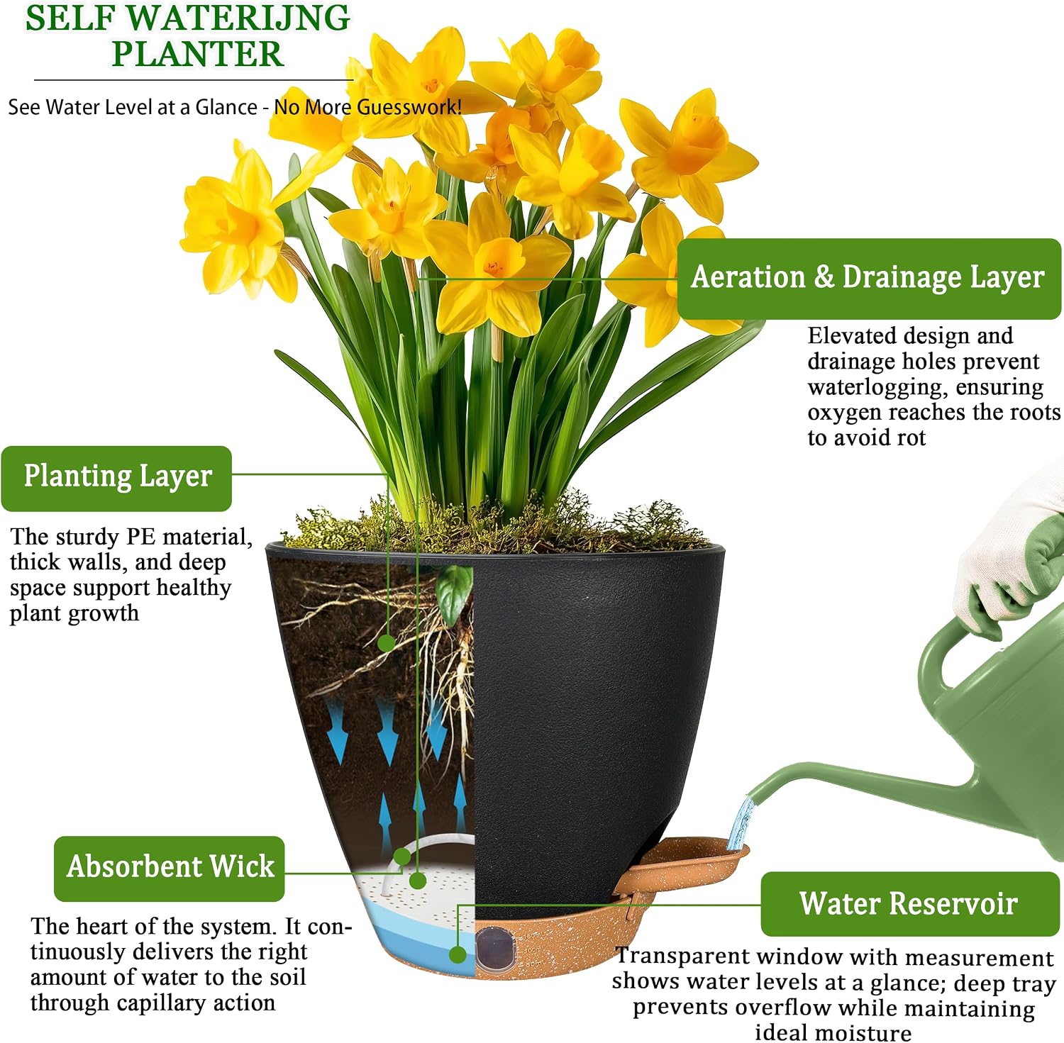 6" Self Watering Pots for Indoor Plants(5-Pack), Small Plastic Planters