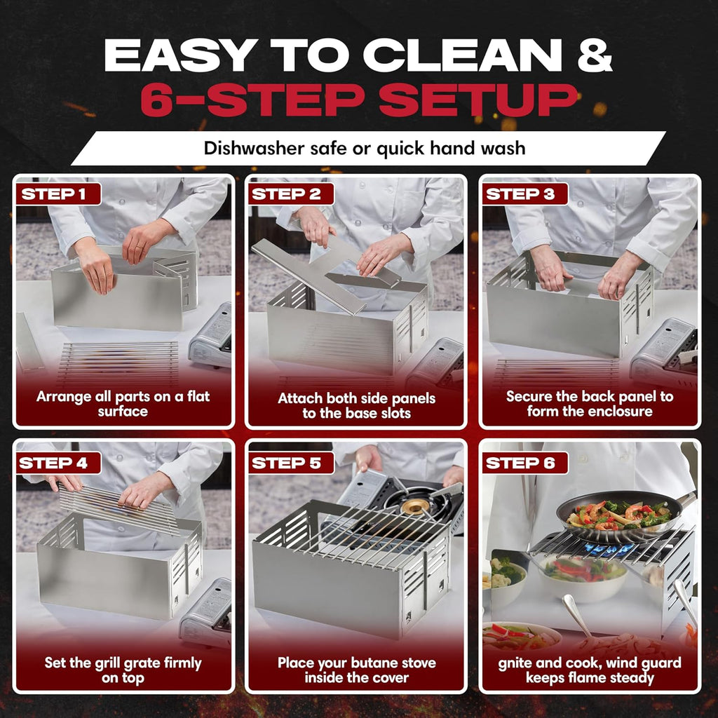 Chef Master Butane Stove Cover - Premium Stainless Steel Universal Fit - Any Standard Size Camping Stove - Portable Screen & Camping Wind Blocker - Camp Essentials for Outdoor & Indoor Cooking 90217