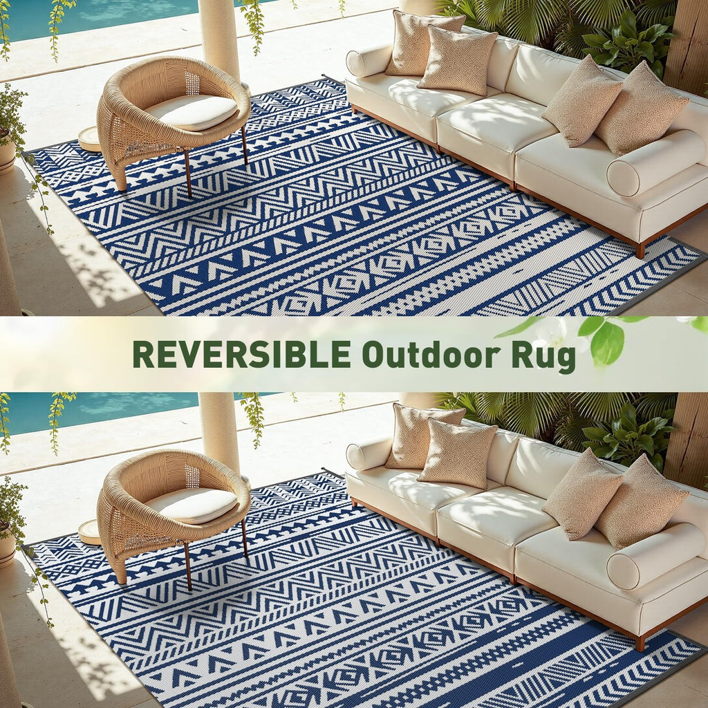 MontVoo Outdoor Rug Carpet Waterproof 6x9 Outdoor Patio Rug Mat Reverisble Plastic Straw Outdoor Rug for RV Camping Picnic Beach Balcony Boho Navy Blue